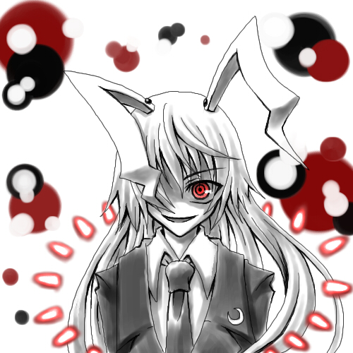 kisaragi you, reisen udongein inaba, touhou, lowres, 1girl, @ @, animal ears, blazer, blood, bullet, crazy smile, creepy, danmaku, female focus, horror (theme), jacket, long hair, monochrome, necktie, one-eyed, rabbit ears, red eyes, smile, solo, spot color