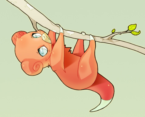 msh, msh (pixiv143034), slowpoke, nintendo, pokemon, lowres, blue eyes, branch, gen 1 pokemon, hanging, no humans, pink hair, pokemon (creature), pokemon focus, solo, tail, upside-down