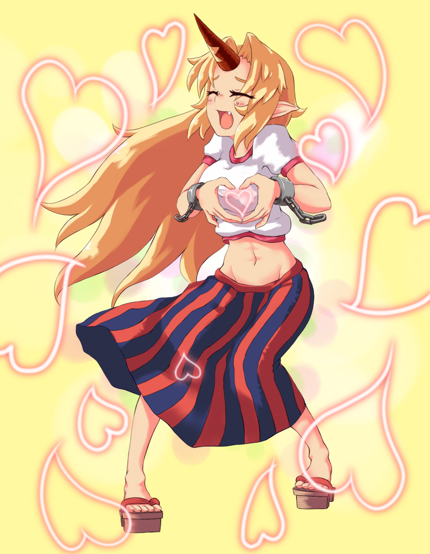 kosmosshuffle, hoshiguma yuugi, k-on!, touhou, bad id, bad pixiv id, 1girl, blonde hair, closed eyes, crossover, fang, female focus, geta, heart, heart hands, horns, long hair, midriff, moe moe kyun!, navel, parody, pointy ears, single horn, solo