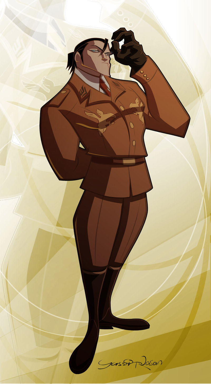 seeso2d, sergei dragunov, namco, tekken, highres, 1boy, black boots, black gloves, black hair, blue eyes, boots, formal clothes, frown, gloves, hat, male focus, military, necktie, ponytail, scar, short hair, solo, suit