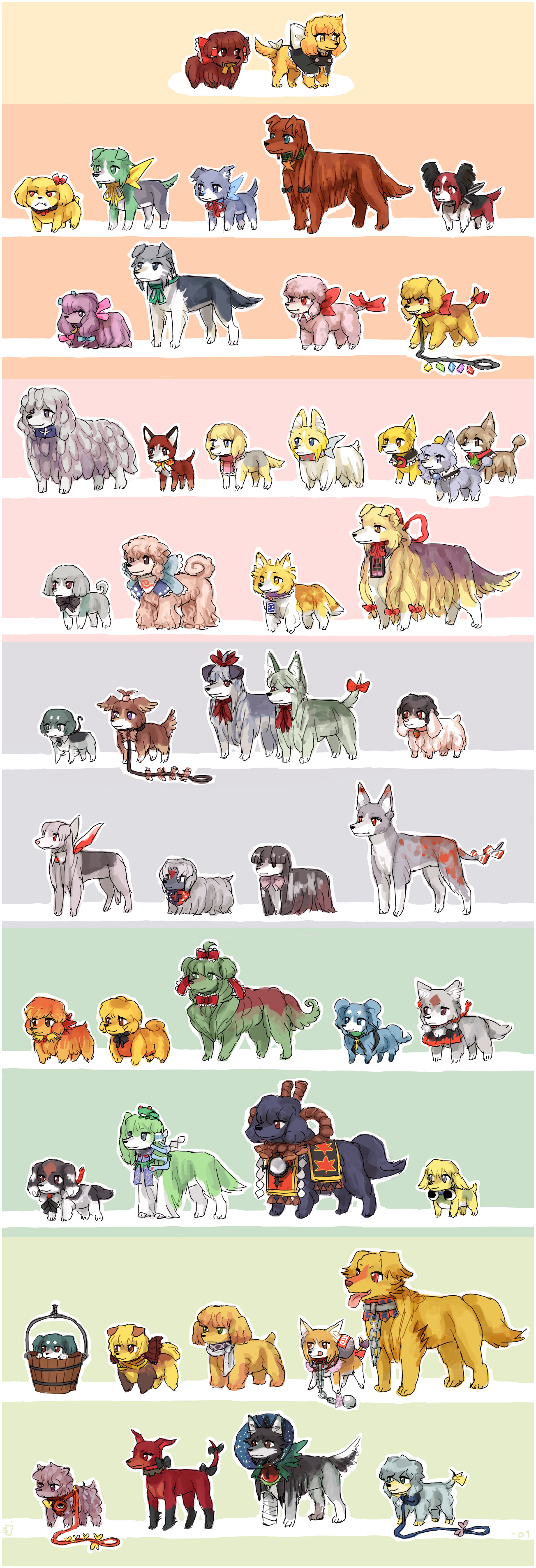 emlan, aki minoriko, aki shizuha, alice margatroid, chen, cirno, daiyousei, flandre scarlet, fujiwara no mokou, hakurei reimu, hong meiling, hoshiguma yuugi, houraisan kaguya, ibuki suika, inaba tewi, inubashiri momiji, izayoi sakuya, kaenbyou rin, kagiyama hina, kamishirasawa keine, kawashiro nitori, kirisame marisa, kisume, koakuma, kochiya sanae, komeiji koishi, komeiji satori, konpaku youmu, kurodani yamame, letty whiterock, lily white, lunasa prismriver, lyrica prismriver, merlin prismriver, mizuhashi parsee, moriya suwako, mystia lorelei, patchouli knowledge, reisen udongein inaba, reiuji utsuho, remilia scarlet, rumia, saigyouji yuyuko, shameimaru aya, wriggle nightbug, yagokoro eirin, yakumo ran, yakumo yukari, yasaka kanako, touhou, absurdres, highres, long image, tall image, 6+girls, animalization, blonde hair, collar, dog, everyone, leash, multiple dogs, multiple girls, red eyes