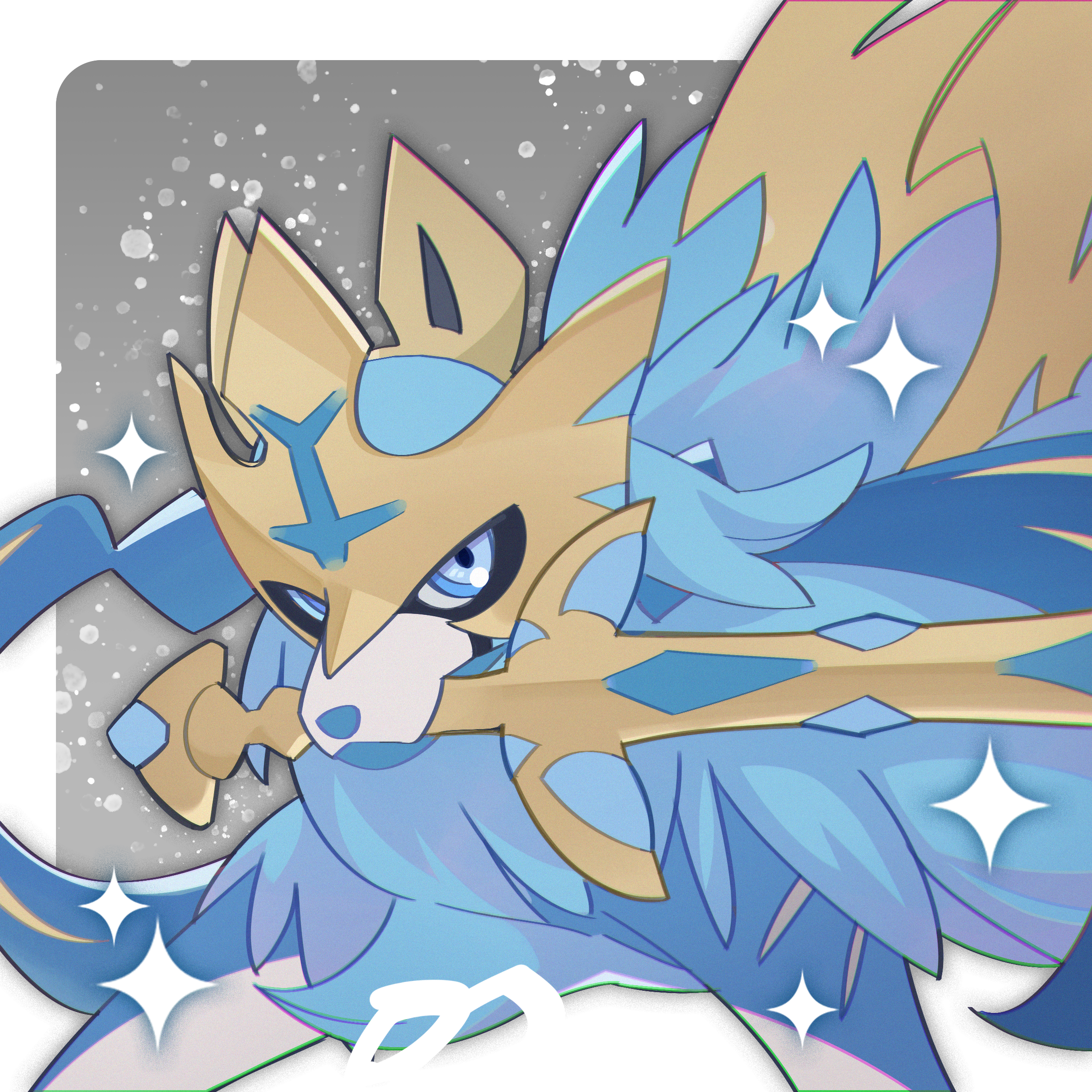 pokeradio, zacian, zacian (crowned), nintendo, pokemon, commentary request, highres, alternate color, animal focus, blue eyes, gen 8 pokemon, holding, holding sword, holding weapon, legendary pokemon, mouth hold, no humans, pokemon (creature), pokemon focus, shiny pokemon, solo, sparkle, sword, sword in mouth, weapon