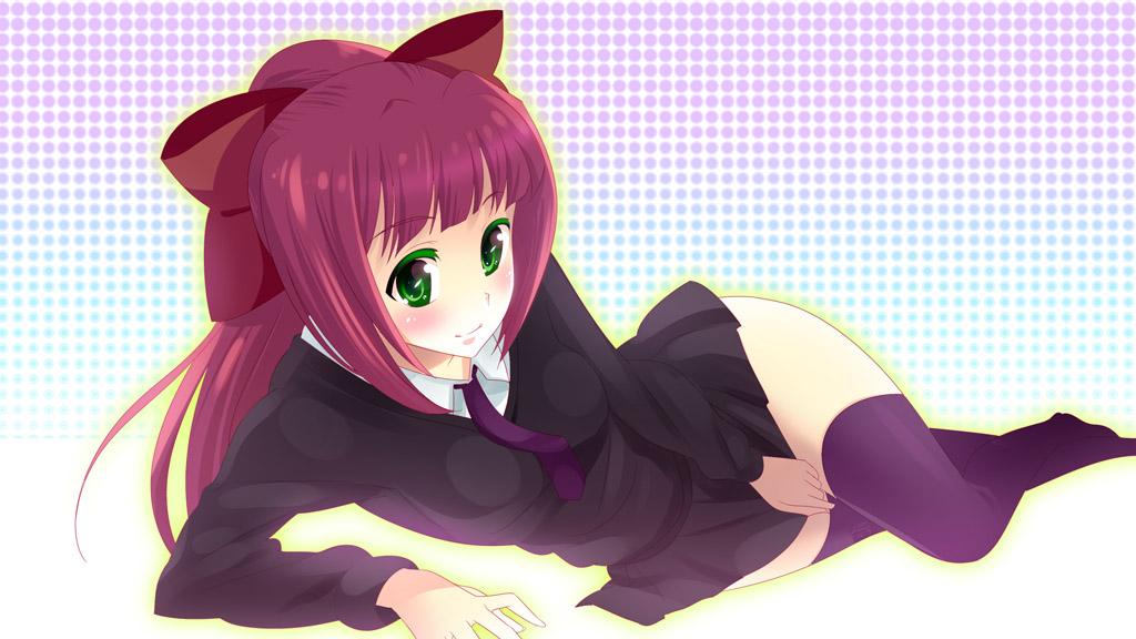 zpolice, original, bad id, bad pixiv id, 1girl, bow, female focus, green eyes, hair bow, long hair, lying, necktie, on side, pink hair, school uniform, smile, solo, thighhighs