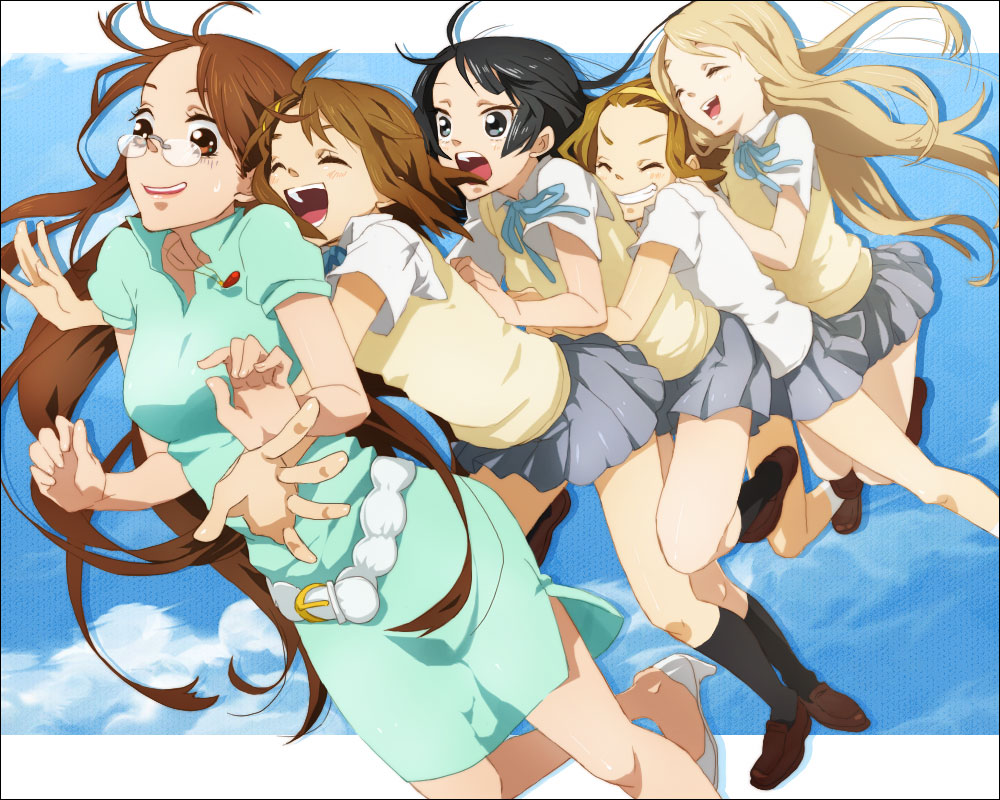 kurage (huwahuwaru n), akiyama mio, hirasawa yui, kotobuki tsumugi, tainaka ritsu, yamanaka sawako, k-on!, bad id, bad pixiv id, 00s, 5girls, belt, dress, group hug, ho-kago tea time, hug, multiple girls, school uniform, sweater, sweater dress, sweater vest