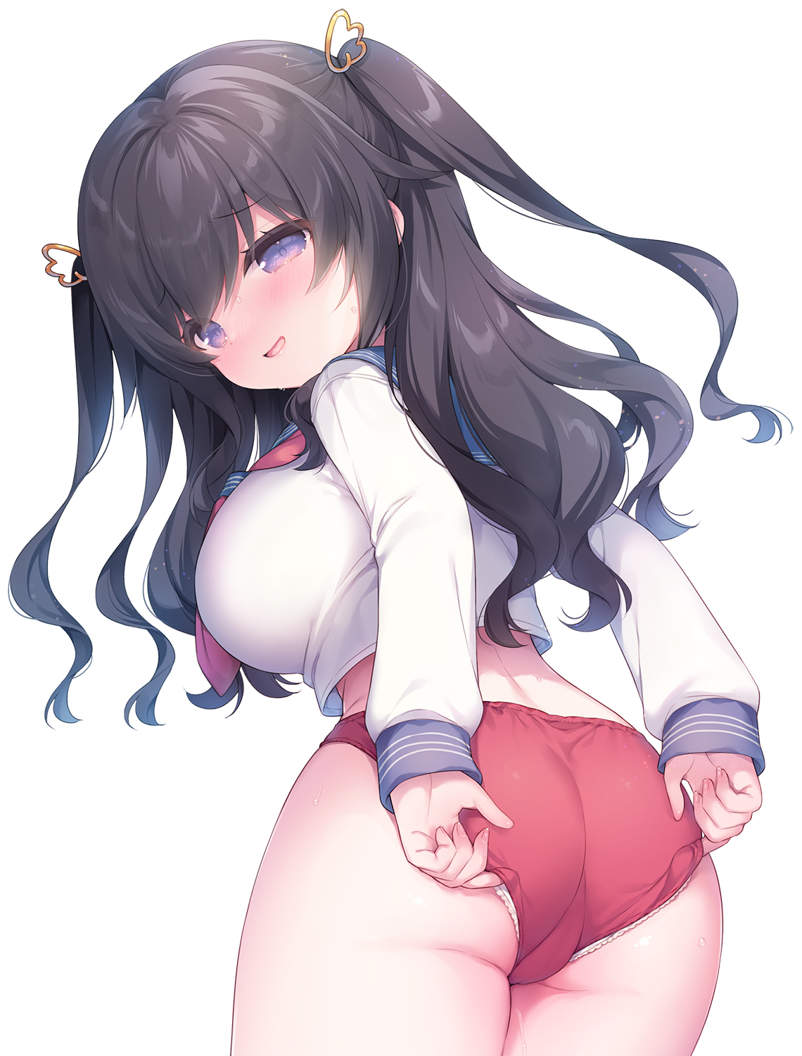 usashiro mani, original, commentary request, highres, 1girl, adjusting clothes, ass, black hair, breasts, buruma, large breasts, long hair, long sleeves, looking at viewer, looking back, panties, purple eyes, school uniform, shirt, simple background, solo, two side up, underwear, white background