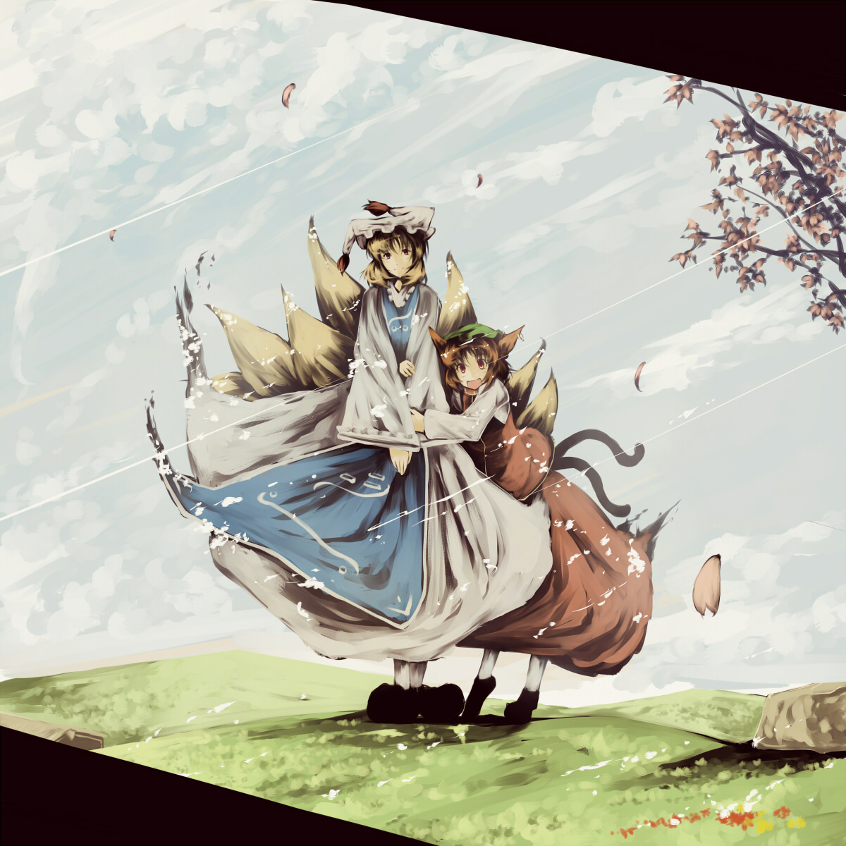ryuu, ryuu (tsukinoyuki), chen, yakumo ran, touhou, highres, 2girls, animal ears, animal hat, blonde hair, brown hair, cat ears, cat girl, cat tail, day, earrings, female focus, fox tail, grass, hat, hug, jewelry, long sleeves, mob cap, multiple girls, multiple tails, outdoors, scenery, shoes, short hair, socks, tabard, tail, tassel, tree, two tails, wide sleeves