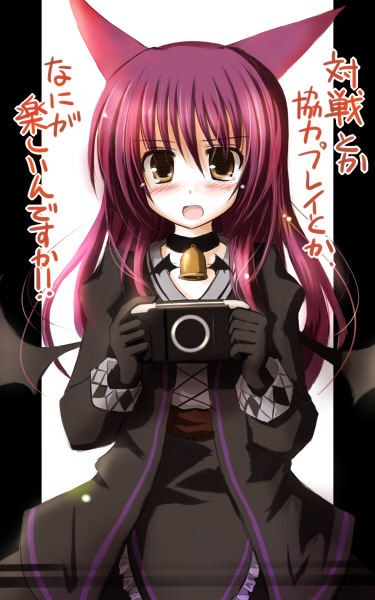 mashayuki, original, translation request, 1girl, bell, blush, choker, female focus, handheld game console, long hair, playing games, playstation portable, red hair, solo, video game, wings