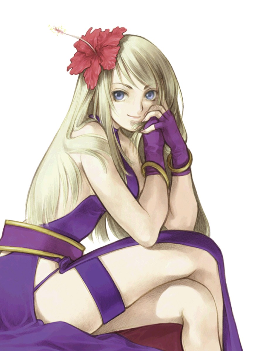 kita senri, b. jenet, fatal fury, garou: mark of the wolves, snk, the king of fighters, highres, official art, 1girl, bare shoulders, blonde hair, blue eyes, bracelet, crossed legs, dress, female focus, fingerless gloves, flower, gloves, hair flower, hair ornament, jewelry, legs, long hair, purple dress, sitting, smile, solo