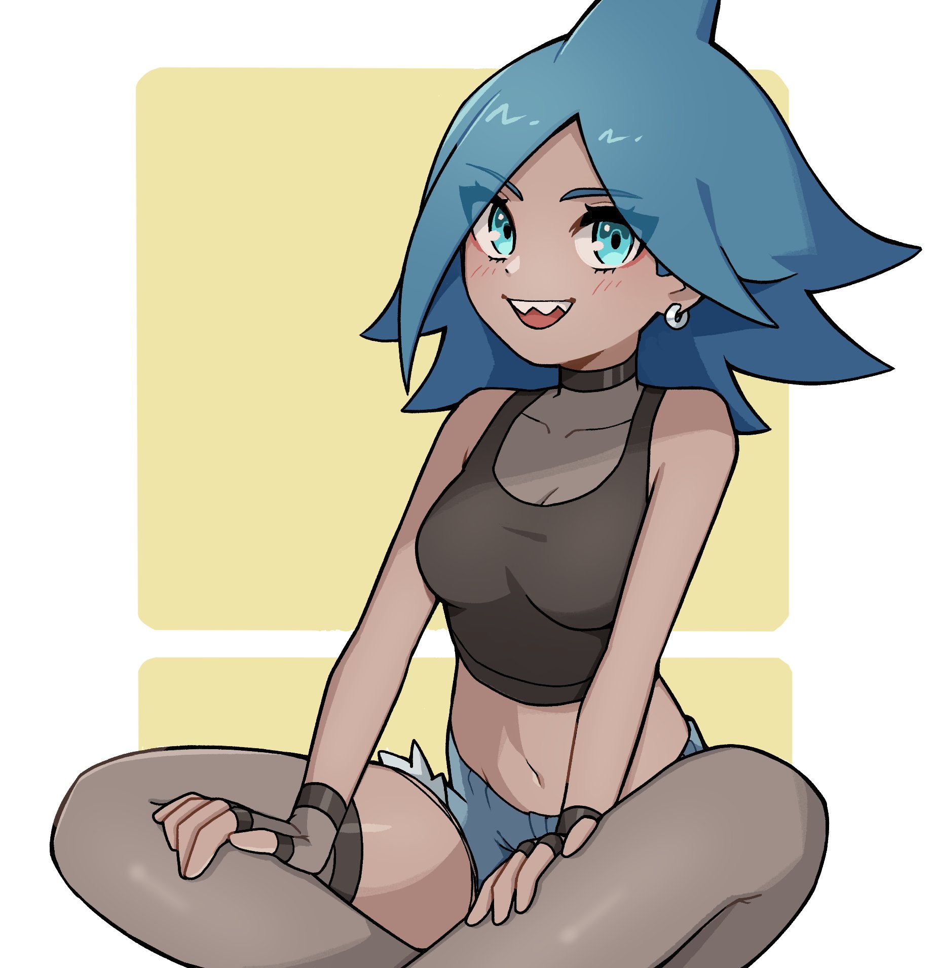 oninuer, original, commentary, english commentary, highres, 1girl, black choker, black gloves, black tank top, black thighhighs, blue eyes, blue hair, breasts, choker, collarbone, cowboy shot, crop top, crossed legs, earrings, fingerless gloves, gloves, indian style, jewelry, looking at viewer, medium breasts, midriff, open mouth, parted bangs, shaaku (oninuer), sharp teeth, shirt, short hair, simple background, sitting, smile, solo, tank top, teeth, thighhighs