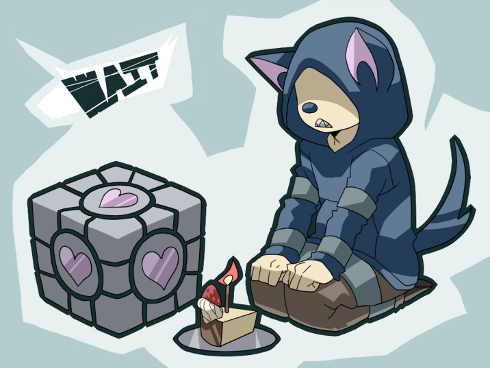 moyo (moyori), hunter (left4dead), left 4 dead, left 4 dead 1, portal (series), portal 1, animal ears, aperture science weighted companion cube, cake, crossover, cube, dog ears, food, hood, hoodie, kemonomimi mode, male focus, tail, teeth, valve, zombie
