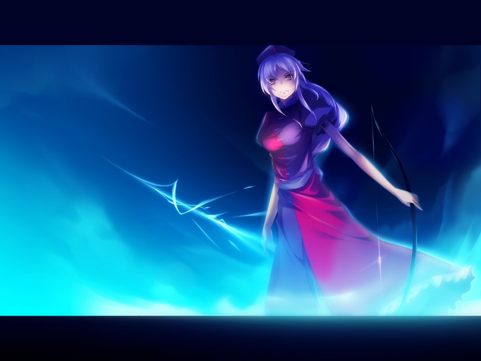 kazakura, yagokoro eirin, touhou, silver hair, highres, 1girl, arrow (projectile), aura, blue dress, blue eyes, blue theme, bow (weapon), breasts, dark, dress, female focus, frown, glaring, hat, letterboxed, long hair, looking at viewer, magic, medium breasts, multicolored dress, nurse cap, puffy short sleeves, puffy sleeves, red dress, serious, short sleeves, solo, sparkle, standing, very long hair, weapon