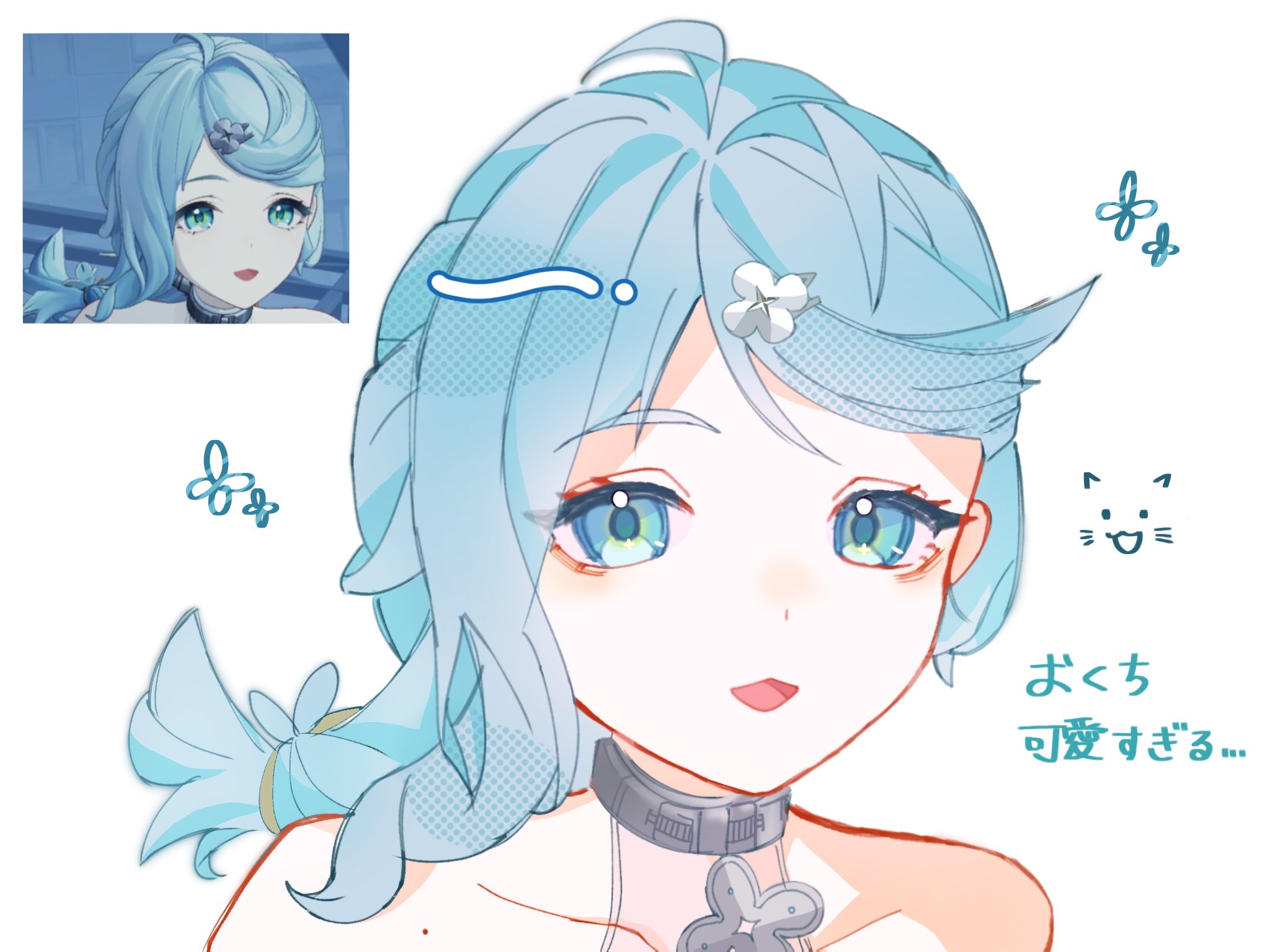 seed (zenless zone zero), zenless zone zero, hashtag-only commentary, highres, translation request, 1girl, bare shoulders, blue eyes, blue hair, collar, collarbone, flower, flower hairpin, game screenshot inset, kasumiba 0108, long hair, looking at viewer, mole, mole on shoulder, open mouth, ponytail, portrait, reference inset, solo, white background