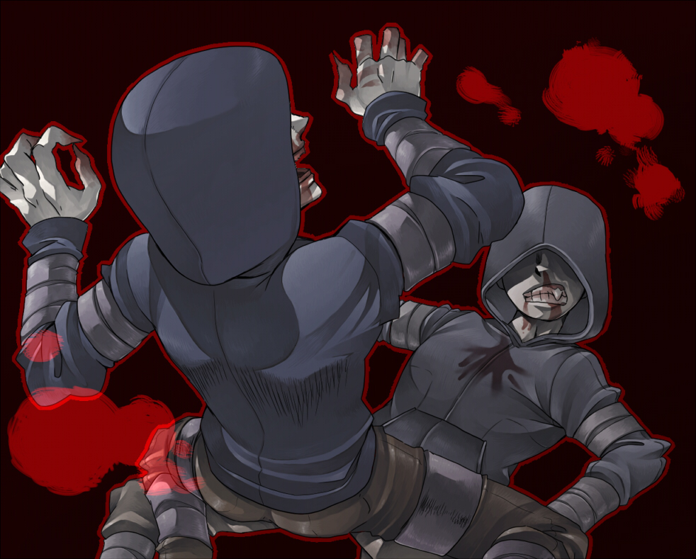 moyo (moyori), hunter (left4dead), left 4 dead, left 4 dead 1, 2boys, blood, claws, hood, hoodie, male focus, multiple boys, teeth, zombie