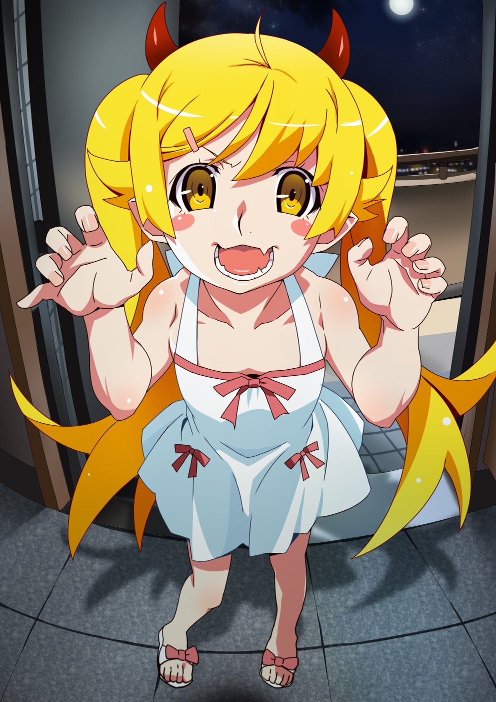 gesugesu ahoaho, oshino shinobu, monogatari (series), highres, 1girl, bare shoulders, blonde hair, blush, blush stickers, bow, breasts, demon horns, doorway, dress, fang, full body, full moon, horns, long hair, looking at viewer, moon, night, night sky, open door, open mouth, opening door, pink bow, pointy ears, pov doorway, skin fang, sky, sleeveless, sleeveless dress, small breasts, smile, solo, twintails, white dress, yellow eyes