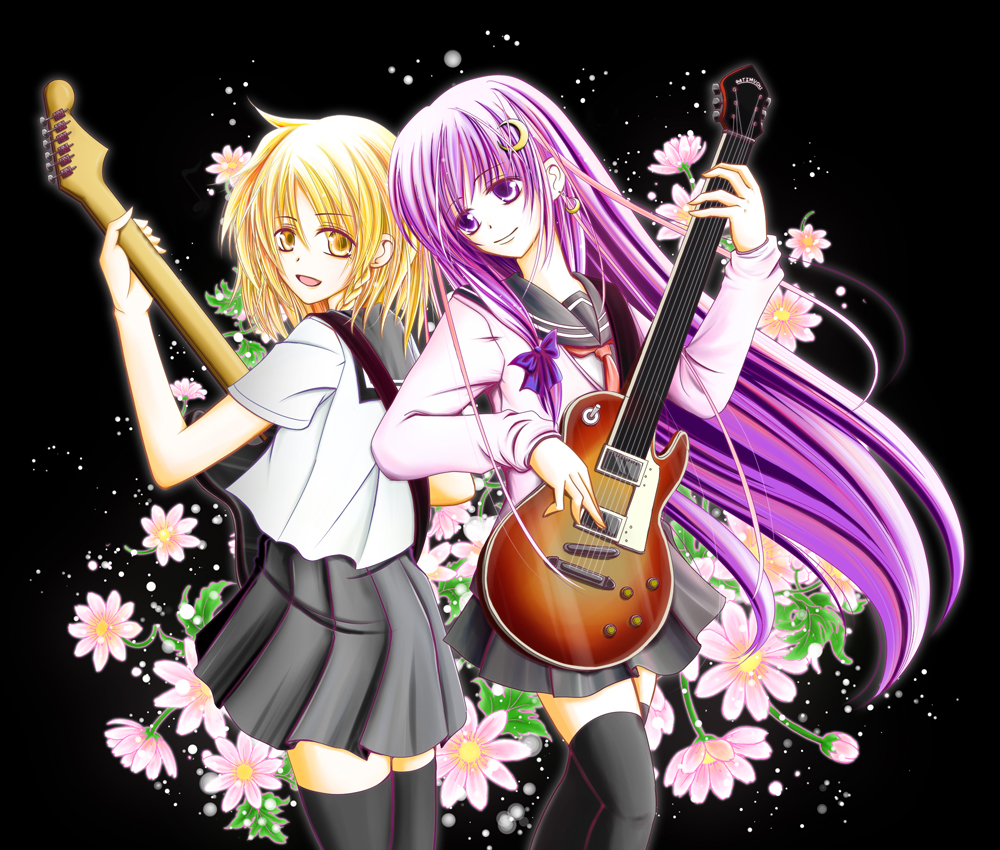 yuuki (kanranseki), yuuki (pixiv), kirisame marisa, patchouli knowledge, touhou, bad id, bad pixiv id, 2girls, alternate costume, blonde hair, crescent, crescent hair ornament, female focus, gibson les paul, guitar, hair ornament, instrument, multiple girls, school uniform, thighhighs, zettai ryouiki