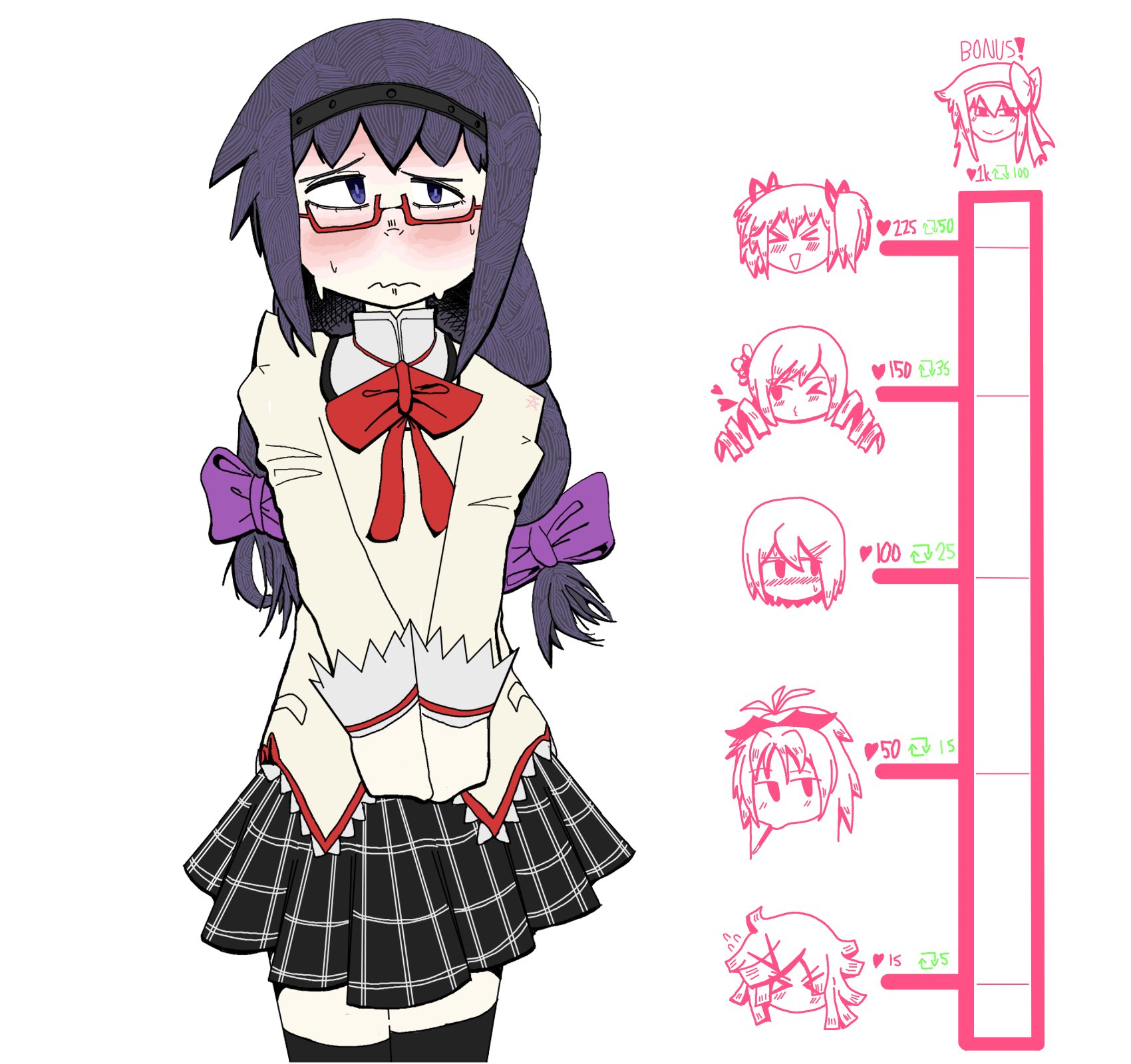 akemi homura, aki mabayu, akuma homura, kaname madoka, miki sayaka, sakura kyoko, tomoe mami, mahou shoujo madoka magica, highres, black hair, black hairband, black skirt, black thighhighs, blush, bow, braid, closed mouth, dress, dress bow, feet out of frame, glasses, hair bow, hairband, kiss meter (meme), long hair, looking to the side, mdhmirl, meme, mitakihara school uniform, nervous, nervous sweating, own hands together, purple bow, purple eyes, red-framed eyewear, red bow, school uniform, simple background, skirt, solo focus, standing, sweat, thighhighs, twin braids, wavy mouth, white background, white dress, zettai ryouiki