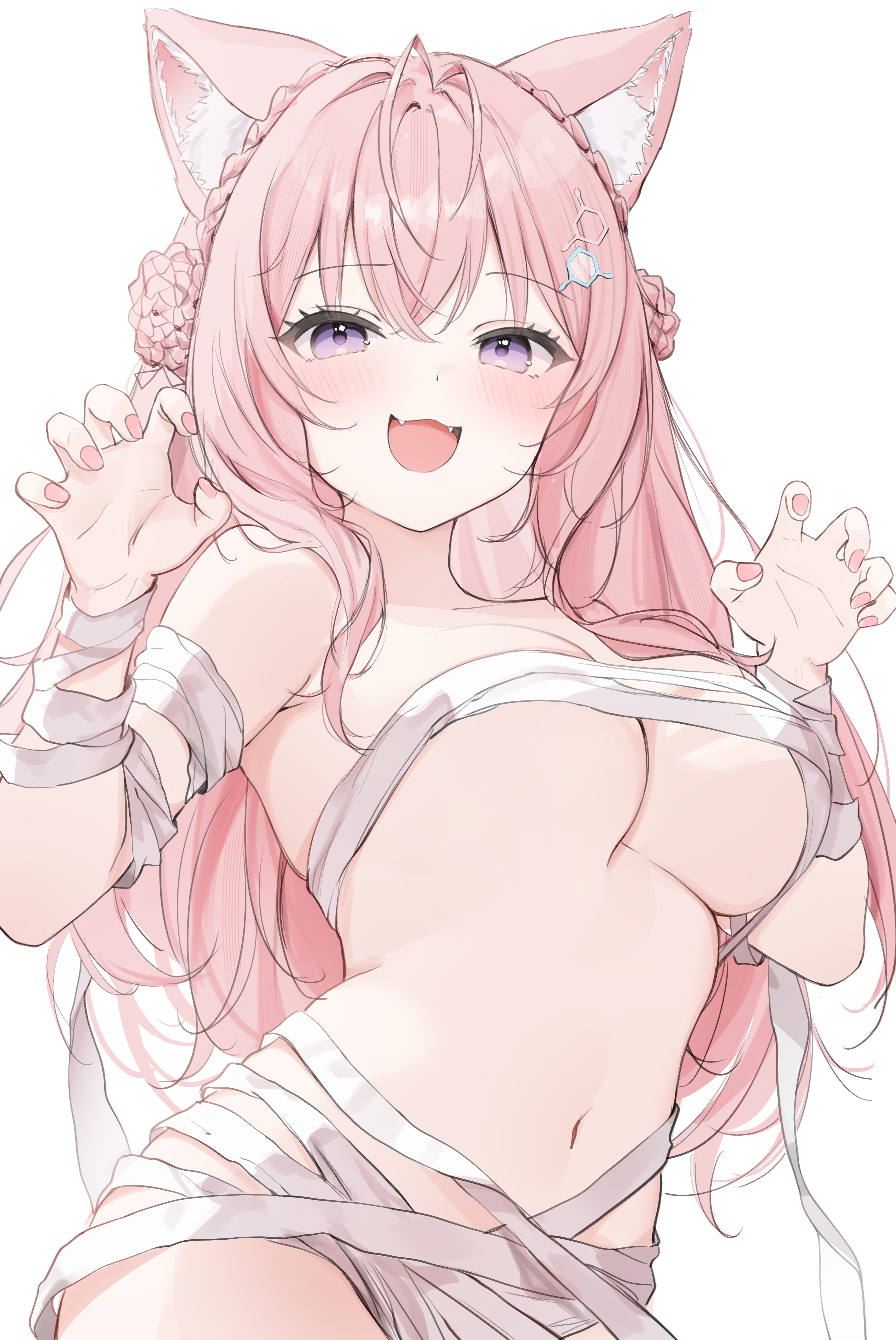 yumiewuri, hakui koyori, hololive, absurdres, commentary, highres, 1girl, animal ears, antenna hair, bandaged arm, bandaged chest, bandaged wrist, bandages, blush, braid, braided bun, breasts, claw pose, collarbone, crown braid, double bun, fangs, fingernails, hair between eyes, hair bun, large breasts, long hair, looking at viewer, mummy costume, nail polish, naked bandage, navel, open mouth, pink eyes, pink hair, pink nails, simple background, sketch, smile, solo, stomach, thighs, virtual youtuber, white background, wolf ears, wolf girl