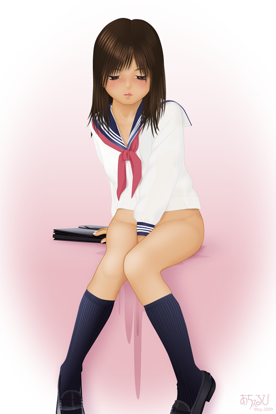 acerbi, bad id, bad pixiv id, blush, brown eyes, brown hair, female masturbation, lipstick, makeup, masturbation, pussy juice, school uniform, socks, solo