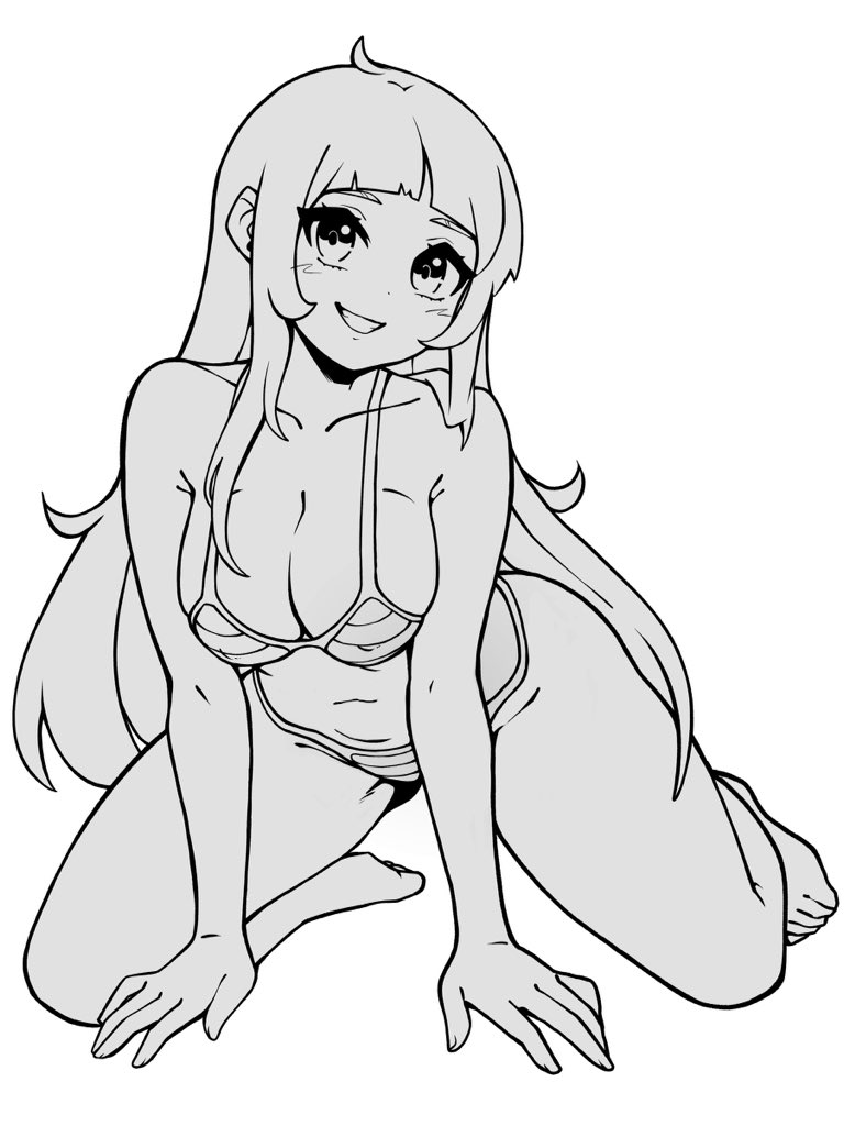 oninuer, original, commentary, english commentary, 1girl, arched bangs, armpit crease, bikini, breasts, cleavage, collarbone, full body, greyscale, kneeling, large breasts, lineart, long hair, looking at viewer, monochrome, simple background, smile, solo, striped bikini, striped clothes, swimsuit, white background