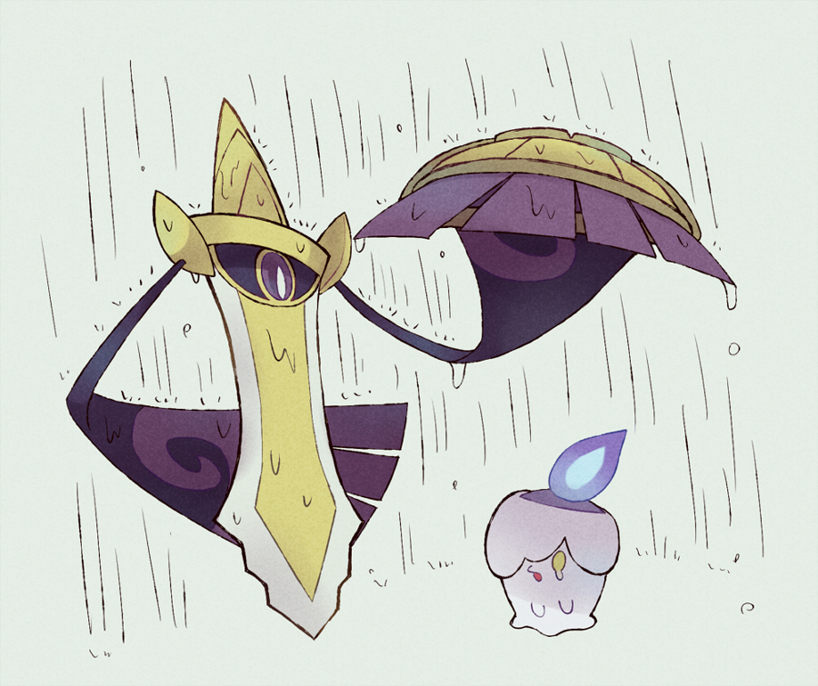 shiwo (siwosi), aegislash, litwick, nintendo, pokemon, commentary request, arm behind back, blue fire, fire, full body, gen 5 pokemon, gen 6 pokemon, holding, holding shield, no humans, one-eyed, one eye covered, open mouth, pokemon (creature), pokemon focus, rain, shield, shielding another from rain, single tear, wet