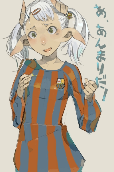 fakepucco, barcelona fc, fc barcelona, translated, 1girl, breasts, female focus, grabbing another's breast, groping, horns, pointy ears, small breasts, solo, twintails, white hair