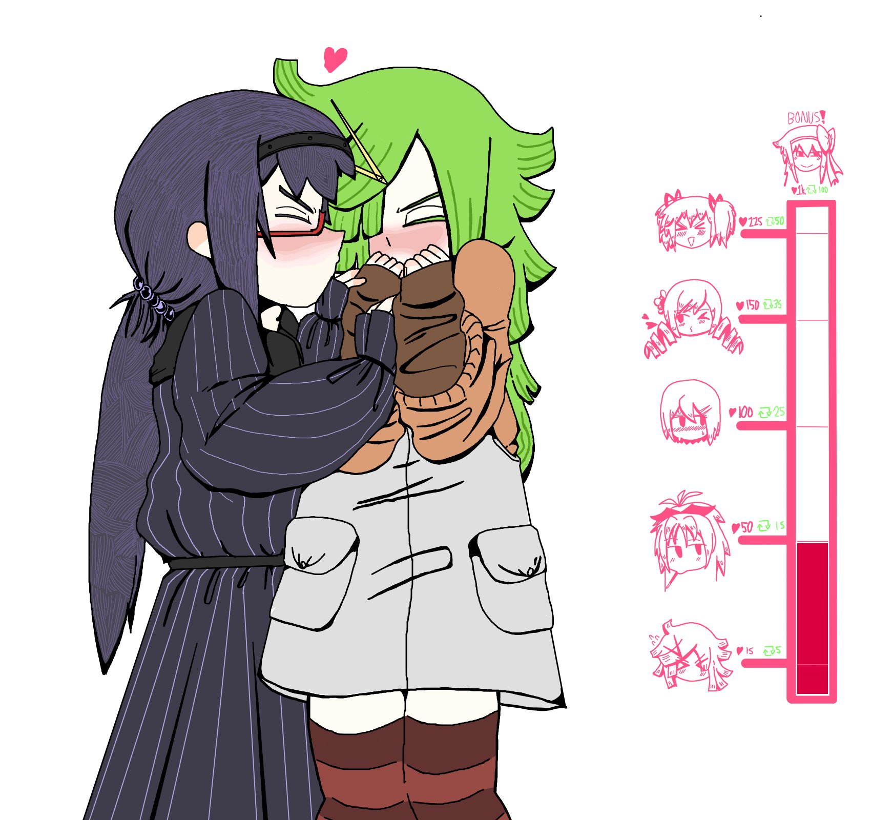 akemi homura, aki mabayu, akuma homura, kaname madoka, miki sayaka, sakura kyoko, tomoe mami, mahou shoujo madoka magica, highres, black dress, black hair, black hairband, blush, brown sleeves, brown thighhighs, closed mouth, coat, covering own mouth, dress, from side, green hair, grey coat, hairband, hand over own mouth, hands up, heart, imminent kiss, kiss meter (meme), long hair, mdhmirl, meme, pocket, ponytail, profile, simple background, sleeves past wrists, striped clothes, striped dress, thighhighs, vertical-striped clothes, vertical-striped dress, white background, zettai ryouiki