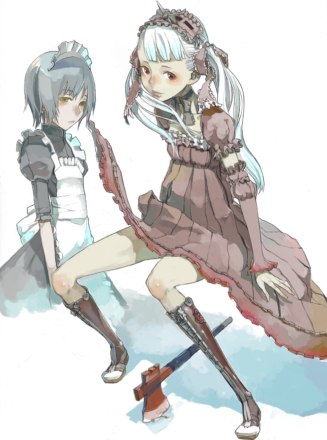 fakepucco, 2girls, apron, brown eyes, frilled hairband, frills, hairband, maid, maid apron, maid headdress, multiple girls, twintails, white hair, yellow eyes