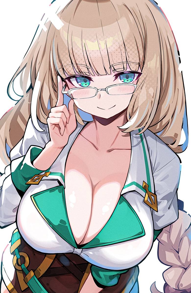 omochishiki, sepia belmont, bombergirl, commentary request, highres, 1girl, adjusting eyewear, aqua eyes, blonde hair, blunt bangs, braid, breasts, cleavage, closed mouth, finger on eyewear, glasses, hand up, heart, heart in eye, large breasts, long hair, looking at viewer, low-braided long hair, low-tied long hair, shirt, simple background, smile, solo, symbol in eye, white background, white shirt