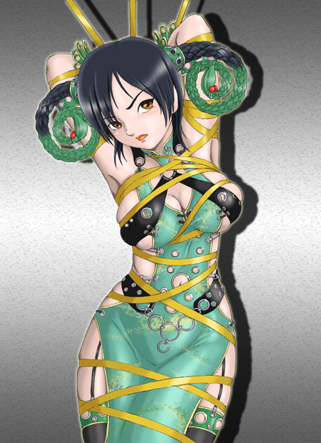 amiba00, mele, juuken sentai gekiranger, super sentai, tokusatsu, 1girl, angry, animification, bdsm, black hair, bondage, bound, breasts, brown eyes, china dress, chinese clothes, cleavage, dress, female focus, large breasts, ribbon, ribbon bondage, solo