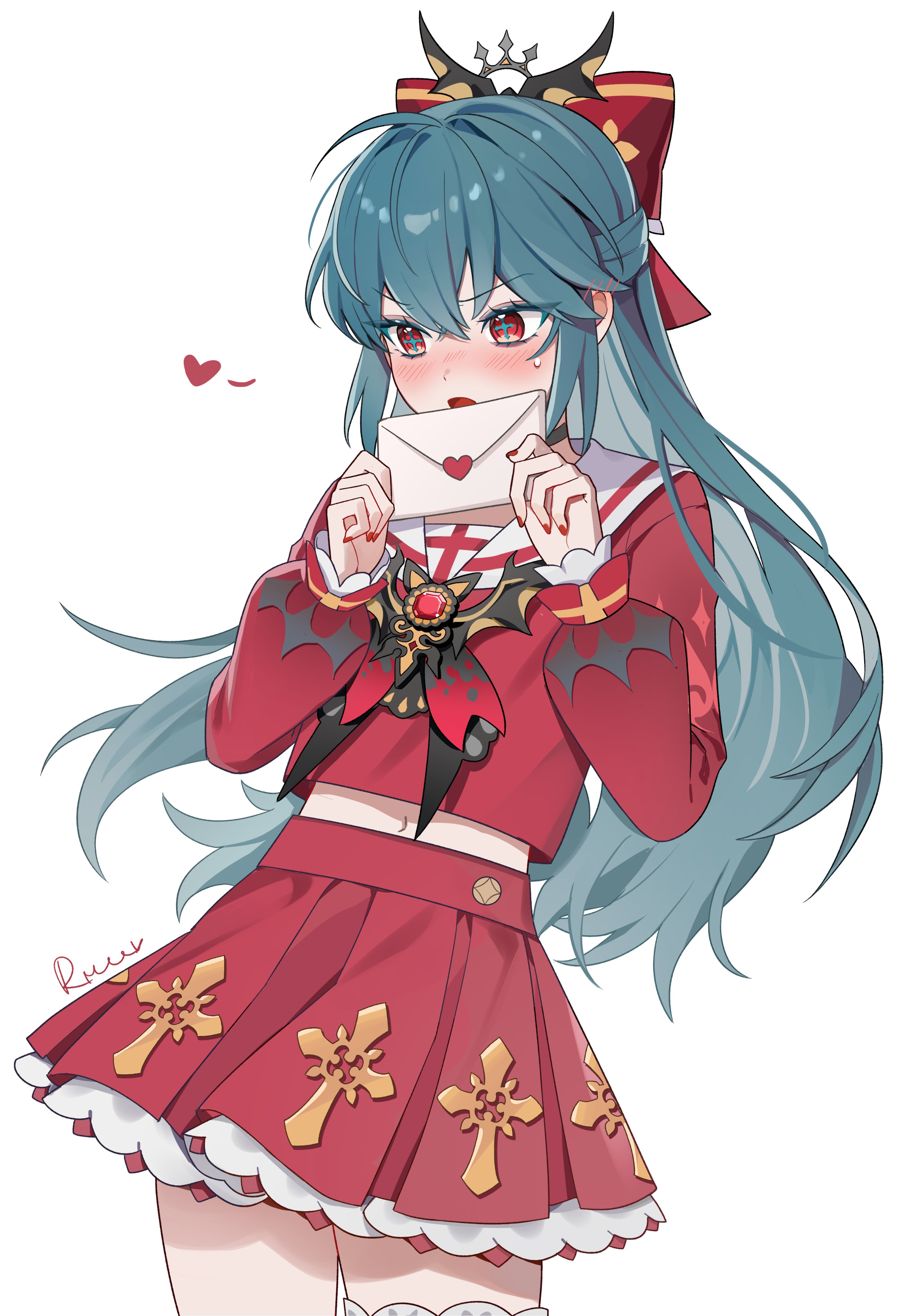 tianqing mw, bianca (black survival), black survival, eternal return: black survival, absurdres, highres, 1girl, bianca (transfer student) (black survival), black choker, blue hair, blush, bow, choker, cowboy shot, cross-shaped pupils, embarrassed, envelope, hair bow, half updo, hands up, heart, letter, long hair, long sleeves, love letter, midriff, nail polish, navel, nose blush, open mouth, pleated skirt, red eyes, red nails, red serafuku, red shirt, red skirt, sailor collar, school uniform, serafuku, shirt, shirt overhang, simple background, skirt, solo, symbol-shaped pupils, v-shaped eyebrows, white background, white sailor collar