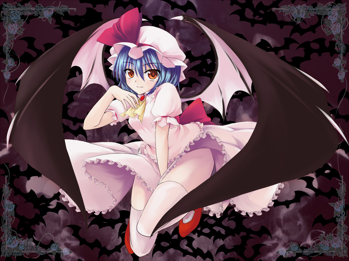 utakata (kochou no yume), remilia scarlet, touhou, framed, 1girl, bat wings, between legs, blue hair, female focus, floating, hand between legs, hand on own chest, hat, legs, orange eyes, red eyes, short hair, smile, solo, thighhighs, wings