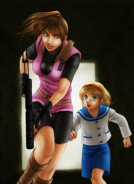 claire redfield, sherry birkin, resident evil, resident evil 2, belt, bike shorts, blonde hair, blue eyes, bodysuit, boots, brown hair, denim, denim shorts, gloves, gun, hairband, long hair, ponytail, running, short hair, short shorts, shorts, spandex, weapon