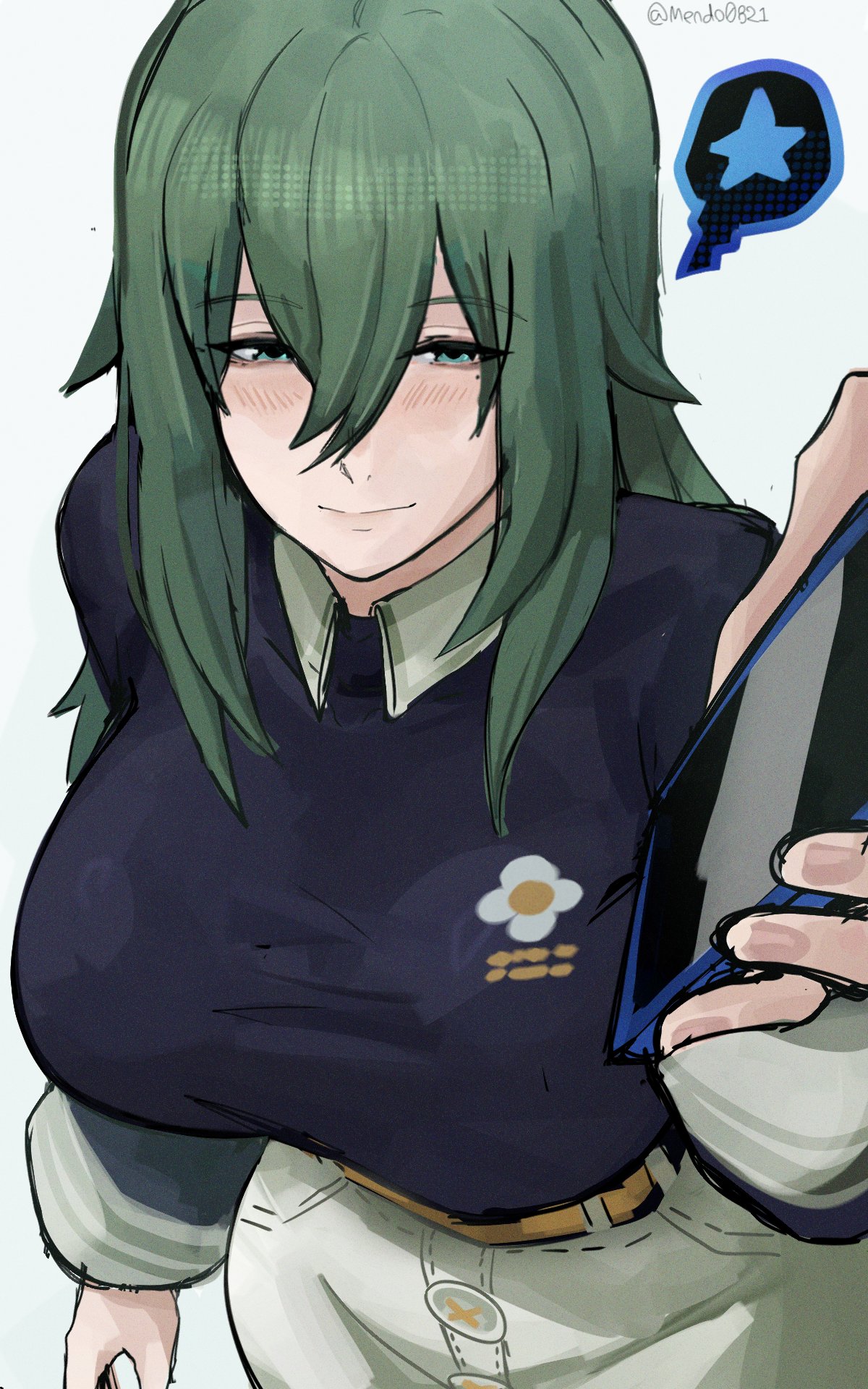 mendo0821, venus (zenless zone zero), zenless zone zero, commentary, english commentary, highres, 1girl, alternate breast size (larger), belt, black shirt, blush, breasts, cellphone, closed mouth, floral print, green eyes, green hair, grey background, hair between eyes, holding, holding phone, large breasts, long hair, looking at viewer, mole, mole under eye, pants, phone, shirt, smile, solo, spoken symbol, star (symbol), twitter username, white pants