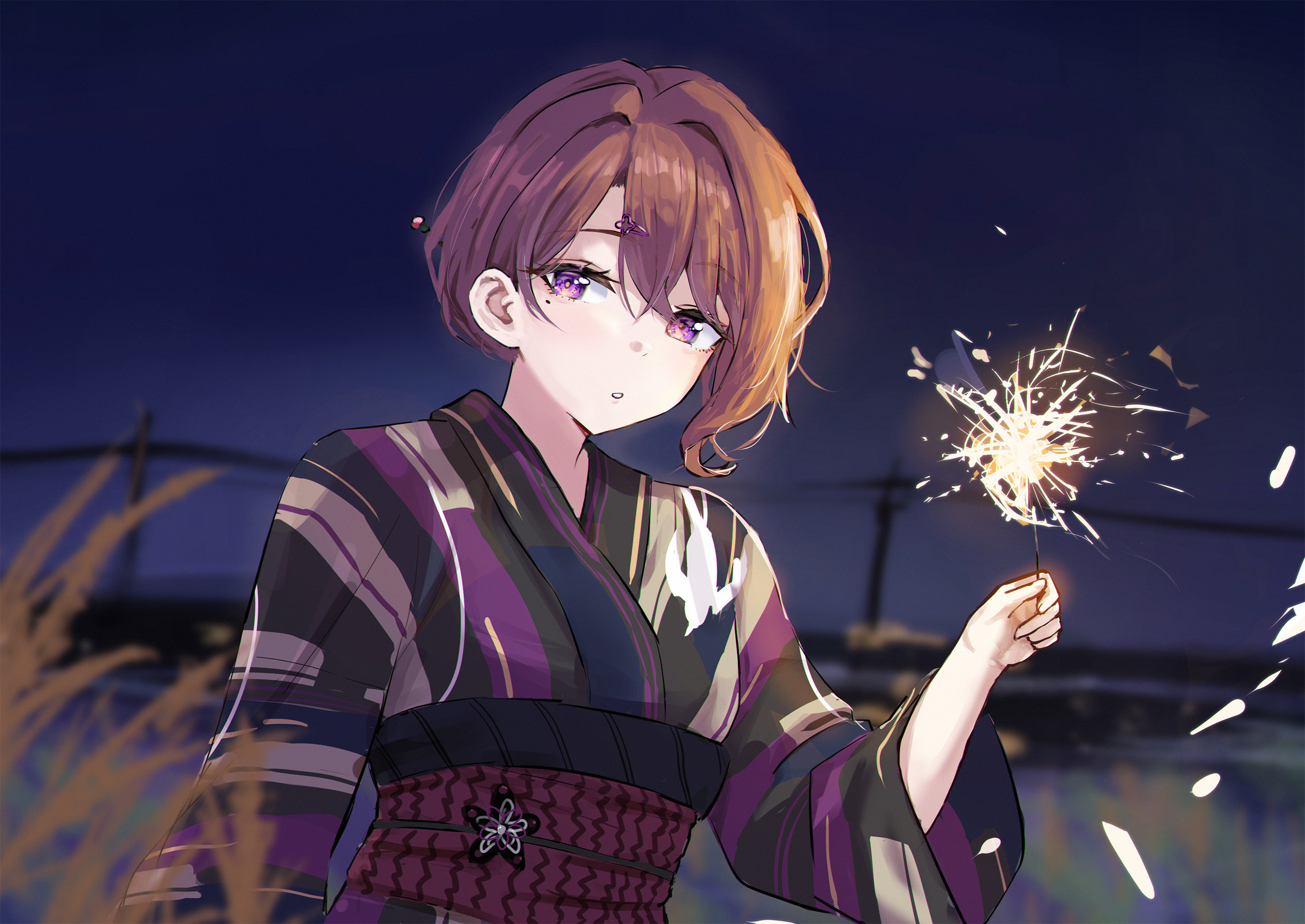 mmsk, higuchi madoka, idolmaster, idolmaster shiny colors, commentary, highres, 1girl, :o, blurry, blurry background, blurry foreground, brown hair, depth of field, fireworks, holding, holding fireworks, japanese clothes, kimono, looking at viewer, mole, mole under eye, multicolored kimono, obi, outdoors, red eyes, sash, solo, sparkler, upper body, utility pole, yukata