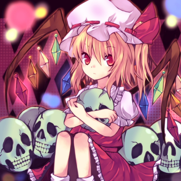 nonaka, flandre scarlet, touhou, bad id, bad pixiv id, 1girl, blonde hair, female focus, hat, one side up, ponytail, red eyes, short hair, side ponytail, skull, solo, wings