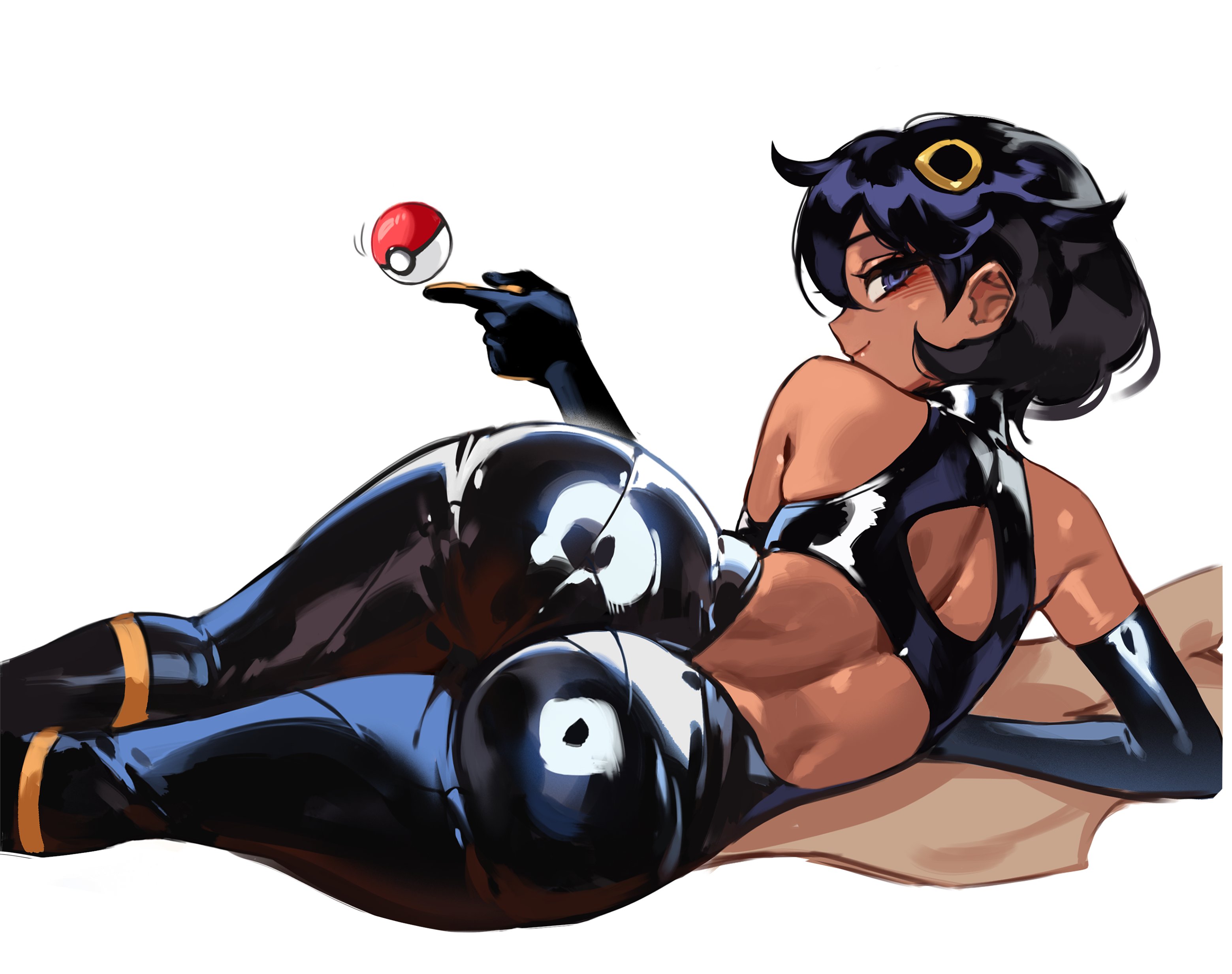 foolish potato, emma (pokemon), nintendo, pokemon, pokemon legends: z-a, absurdres, highres, 1girl, ass, black bodysuit, black gloves, black hair, blue eyes, bodysuit, dark-skinned female, dark skin, elbow gloves, gloves, looking at viewer, lying, on side, poke ball, poke ball (basic), short hair, simple background, solo, white background