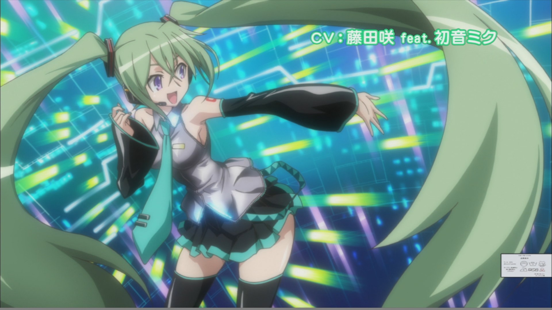 hachune miku, hatsune miku, kannagi itsuki, sora wo kakeru shoujo, vocaloid, anime screenshot, highres, 1girl, armpits, bare shoulders, cosplay, detached sleeves, female focus, green hair, happy, hatsune miku (cosplay), headphones, headset, leaning forward, long hair, nail polish, necktie, purple eyes, resize, skirt, solo, tattoo, thighhighs, twintails, very long hair, zettai ryouiki