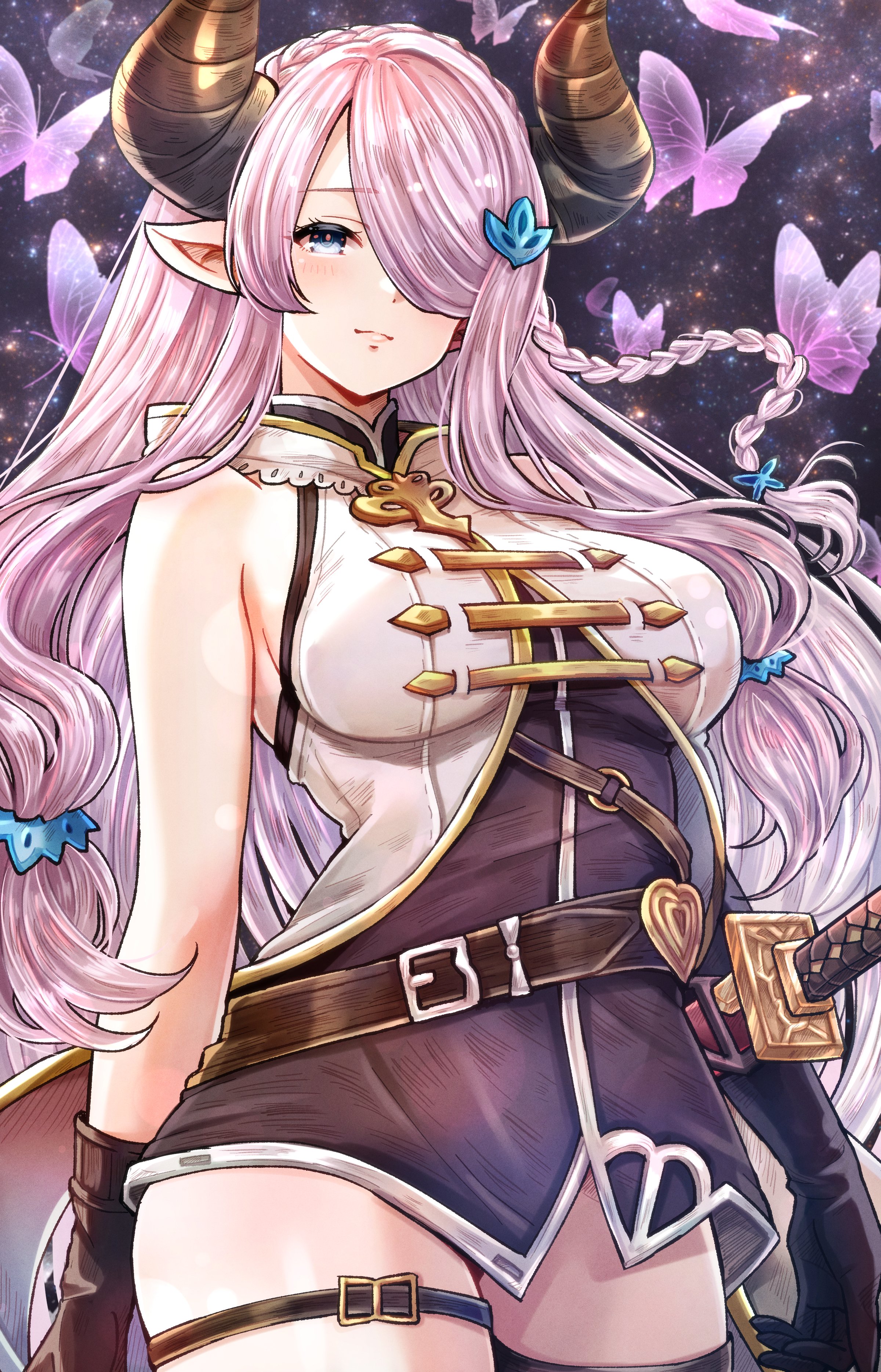 popon ta, narmaya (granblue fantasy), granblue fantasy, absurdres, commentary, highres, symbol-only commentary, 1girl, asymmetrical gloves, bare shoulders, belt, belt buckle, black coat, black gloves, blue eyes, braid, breasts, brown belt, brown gloves, brown horns, buckle, closed mouth, coat, crown braid, draph, elbow gloves, gloves, hair ornament, hair over one eye, horns, large breasts, long hair, looking at viewer, pink hair, pointy ears, simple background, single braid, single elbow glove, sleeveless, smile, solo