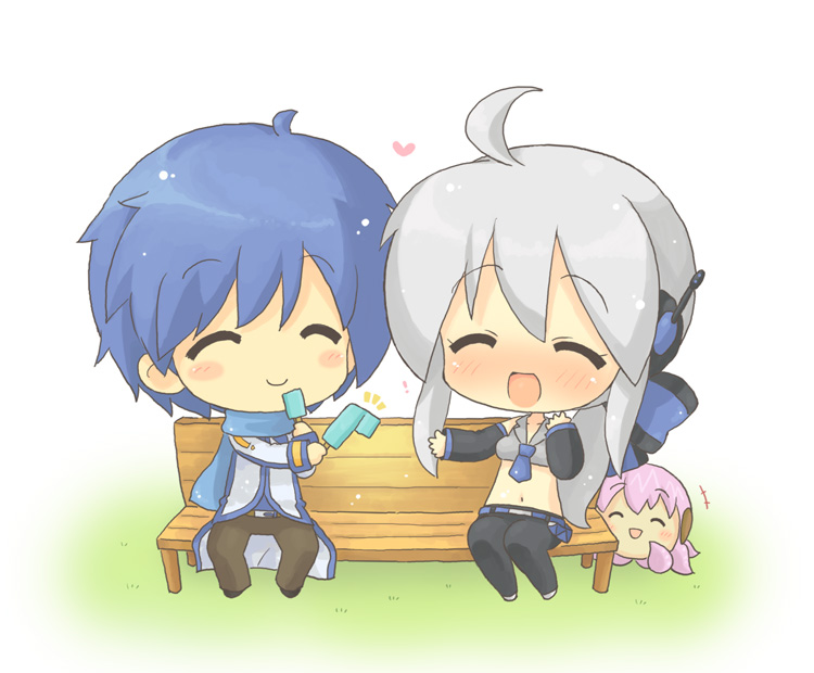 hahifuhe, kaito (vocaloid), megurine luka, takoluka, yowane haku, vocaloid, silver hair, !, 1boy, 1girl, :d, ^ ^, ahoge, bench, chibi, closed eyes, food, happy, happy tears, headphones, heart, ice cream, long hair, midriff, open mouth, ponytail, popsicle, ribbon, smile, tears, very long hair