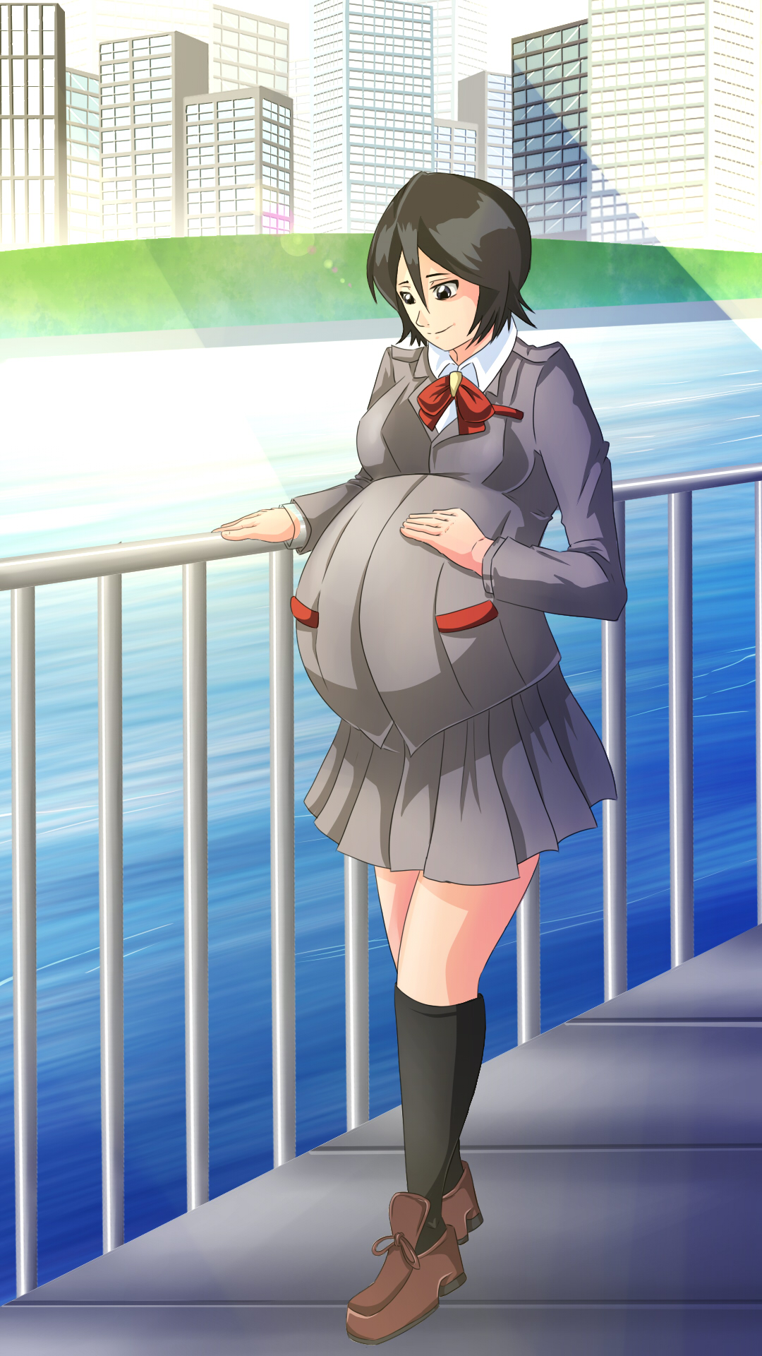 anoartist1994, kuchiki rukia, bleach, bleach: sennen kessen-hen, commission, commissioner upload, highres, 1girl, black hair, bow, brown shoes, building, city, grey eyes, grey jacket, grey skirt, hands on own stomach, hill, jacket, karakura high school uniform, motherly, outdoors, pregnant, railing, red bow, river, school uniform, shoes, short hair, sidewalk, skirt, skyscraper, smile, solo, sunlight, tomboy, walking