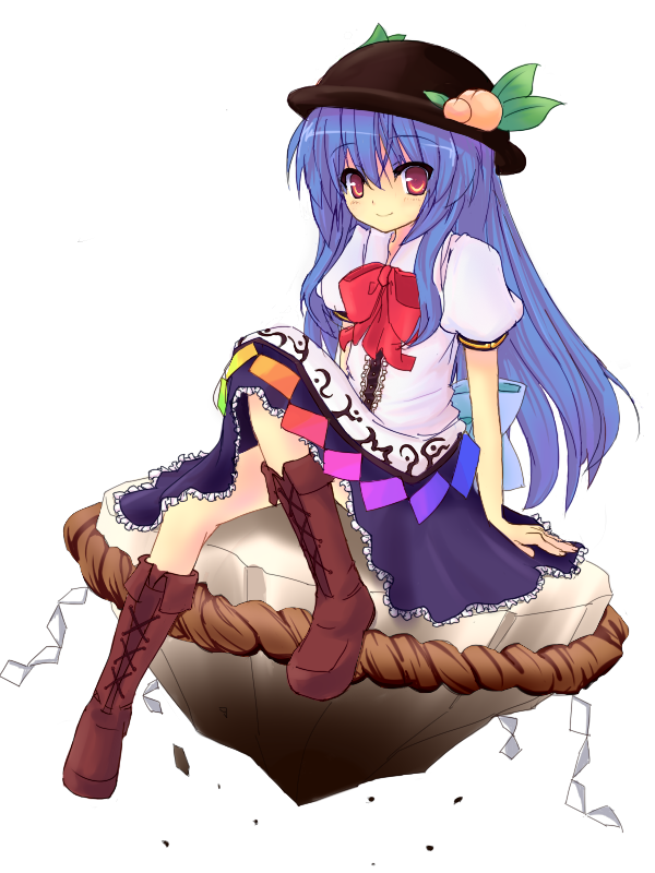 data nanokaa, hinanawi tenshi, touhou, 1girl, blue hair, blush, boots, dress, female focus, food, fruit, hat, kaname-ishi, long hair, peach, red eyes, ribbon, rock, rope, shimenawa, sitting, smile, solo, sword, sword of hisou, weapon