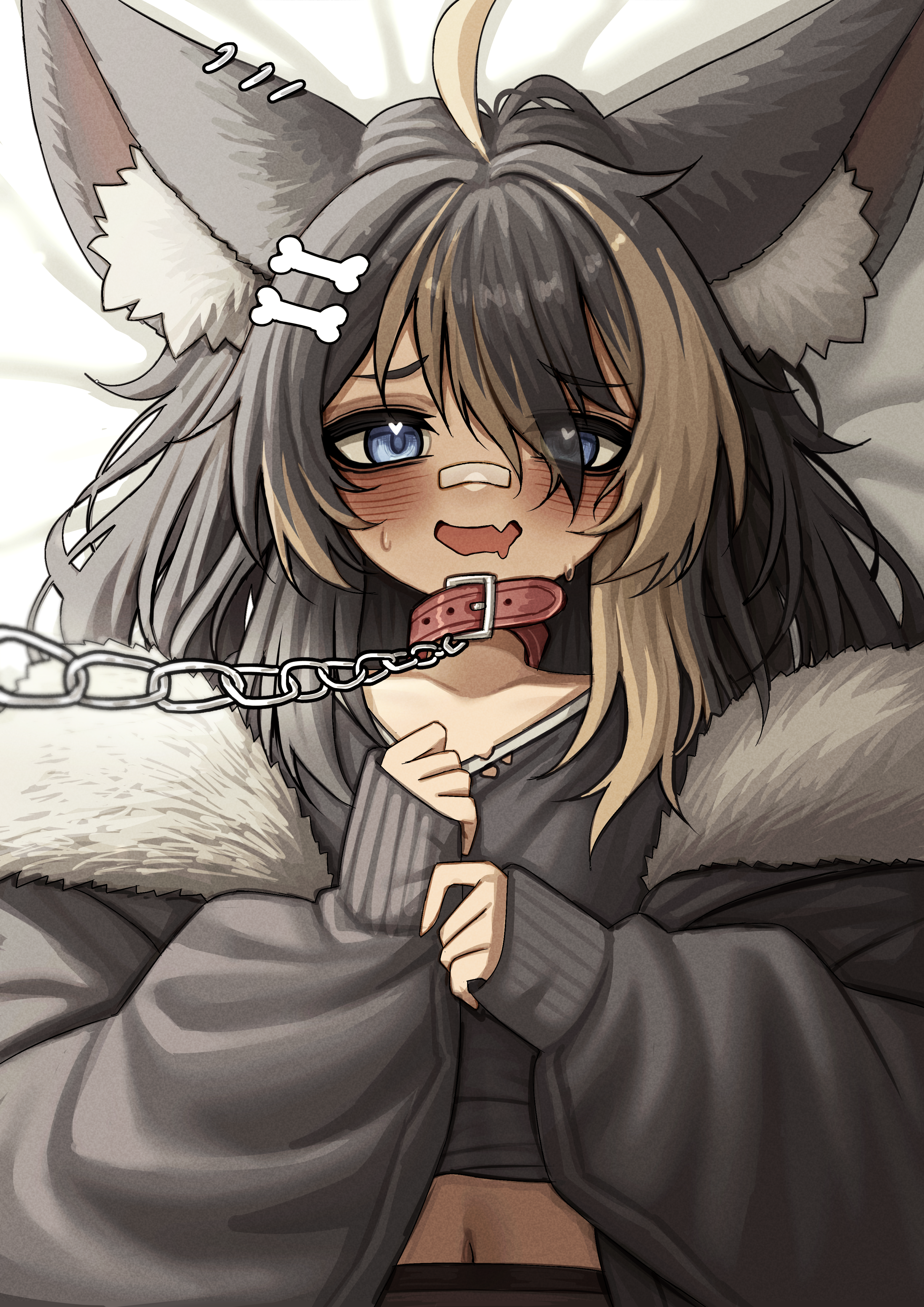 lobsteranian, kamiko kana, indie virtual youtuber, absurdres, commentary, highres, 1girl, animal collar, animal ears, bandaid, bandaid on face, blue eyes, bone hair ornament, collar, dog ears, fang, hair ornament, kamiko kana (wolfdog), leash, multicolored hair