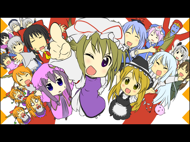 radia, fujiwara no mokou, hakurei reimu, hong meiling, houraisan kaguya, ibuki suika, inaba tewi, izayoi sakuya, kamishirasawa keine, king dedede, kirby, kirisame marisa, konpaku youmu, patchouli knowledge, reisen udongein inaba, saigyouji yuyuko, yakumo yukari, kirby (series), nintendo, suzumiya haruhi-chan no yuuutsu, suzumiya haruhi no yuuutsu, touhou, 6+girls, blonde hair, female focus, letterboxed, multiple girls, o o, parody