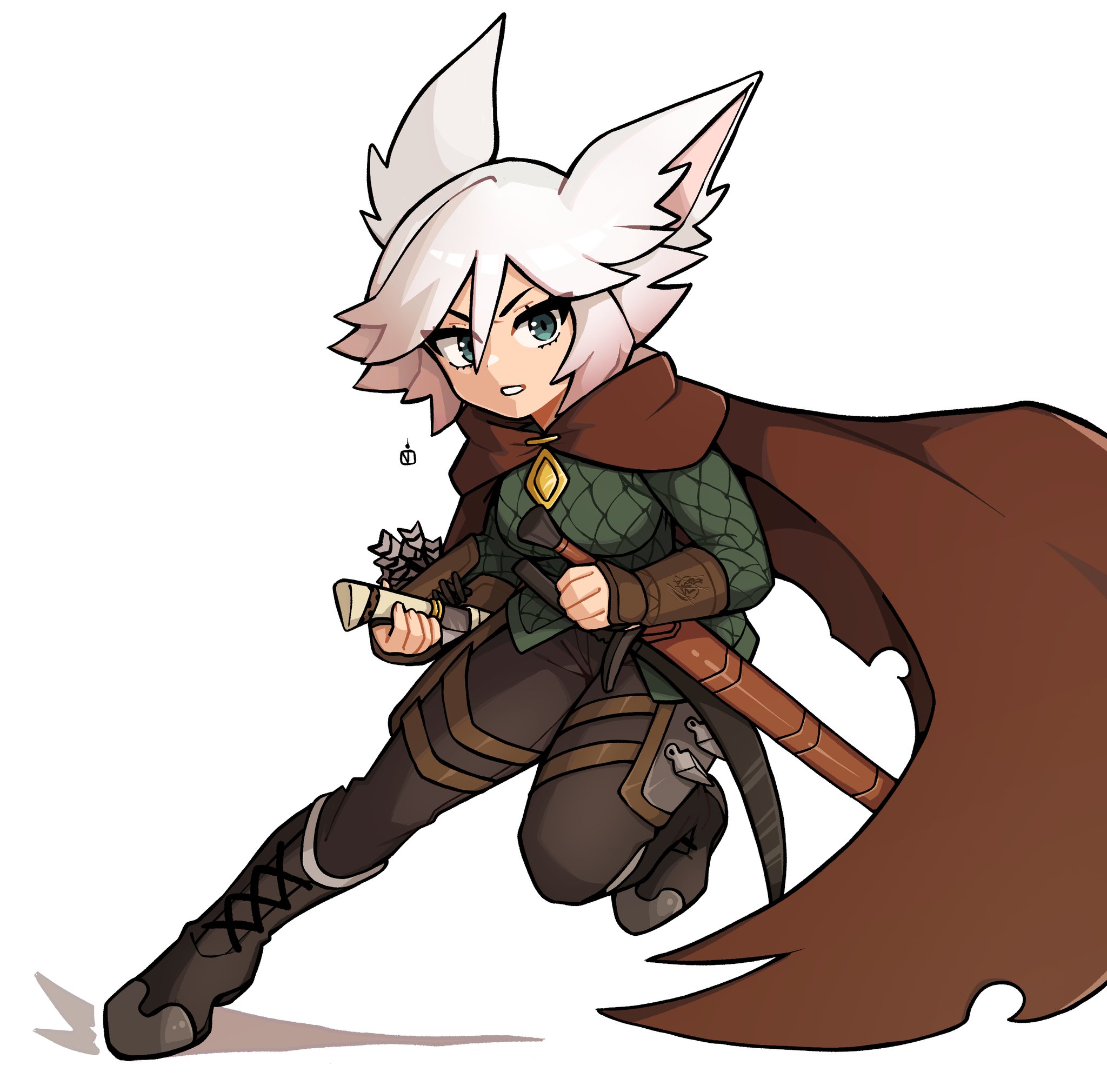 oninuer, original, commentary, commission, english commentary, highres, 1girl, animal ears, black boots, black pants, boots, breasts, brown cape, cape, double-parted bangs, full body, green eyes, green shirt, hair between eyes, knee boots, long sleeves, looking at viewer, medium breasts, pants, parted lips, scabbard, sheath, sheathed, shirt, short hair, simple background, solo, sword, weapon, white background, white hair