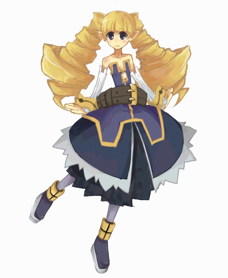 doekuramori, archer (disgaea), disgaea, bad id, bad pixiv id, belt, blonde hair, blue eyes, blush, demon girl, dress, drill hair, flat chest, long hair, pointy ears, shoes, showes, solo, thighhighs, twintails