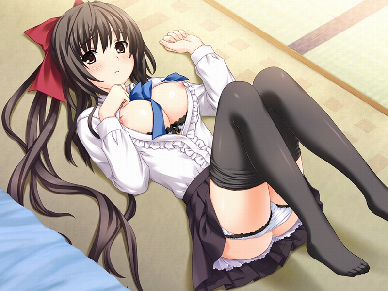 nekonyan, morinaga yukari, sakaagari hurricane, 1girl, black hair, black pantyhose, blush, bra, bra lift, breasts, brown eyes, clothes lift, clothes pull, feet, female focus, framed breasts, frilled panties, frilled skirt, frills, gathers, hair ribbon, large breasts, legs up, lingerie, long hair, looking up, lying, necktie, nipples, on back, open clothes, open shirt, outstretched arms, panties, panty pull, pantyhose, pantyhose pull, pleated skirt, ribbon, shirt, skirt, solo, spread arms, underwear, very long hair, white shirt