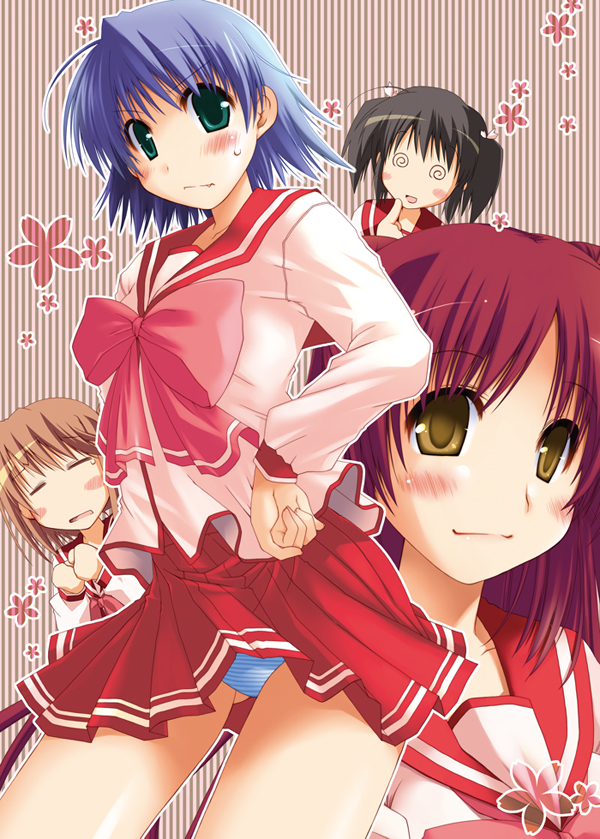 theta (ponkotsu works), komaki manaka, kousaka tamaki, tonami yuma, yuzuhara konomi, to heart (series), to heart 2, bad id, bad pixiv id, 00s, 4girls, aqua eyes, blue hair, blue panties, blush, bow, brown eyes, brown hair, closed eyes, folded ponytail, hand on own hip, hip focus, miniskirt, multiple girls, panties, pantyshot, red hair, school uniform, serafuku, short hair, short twintails, skirt, standing, striped clothes, striped panties, sweatdrop, twintails, underwear, upskirt