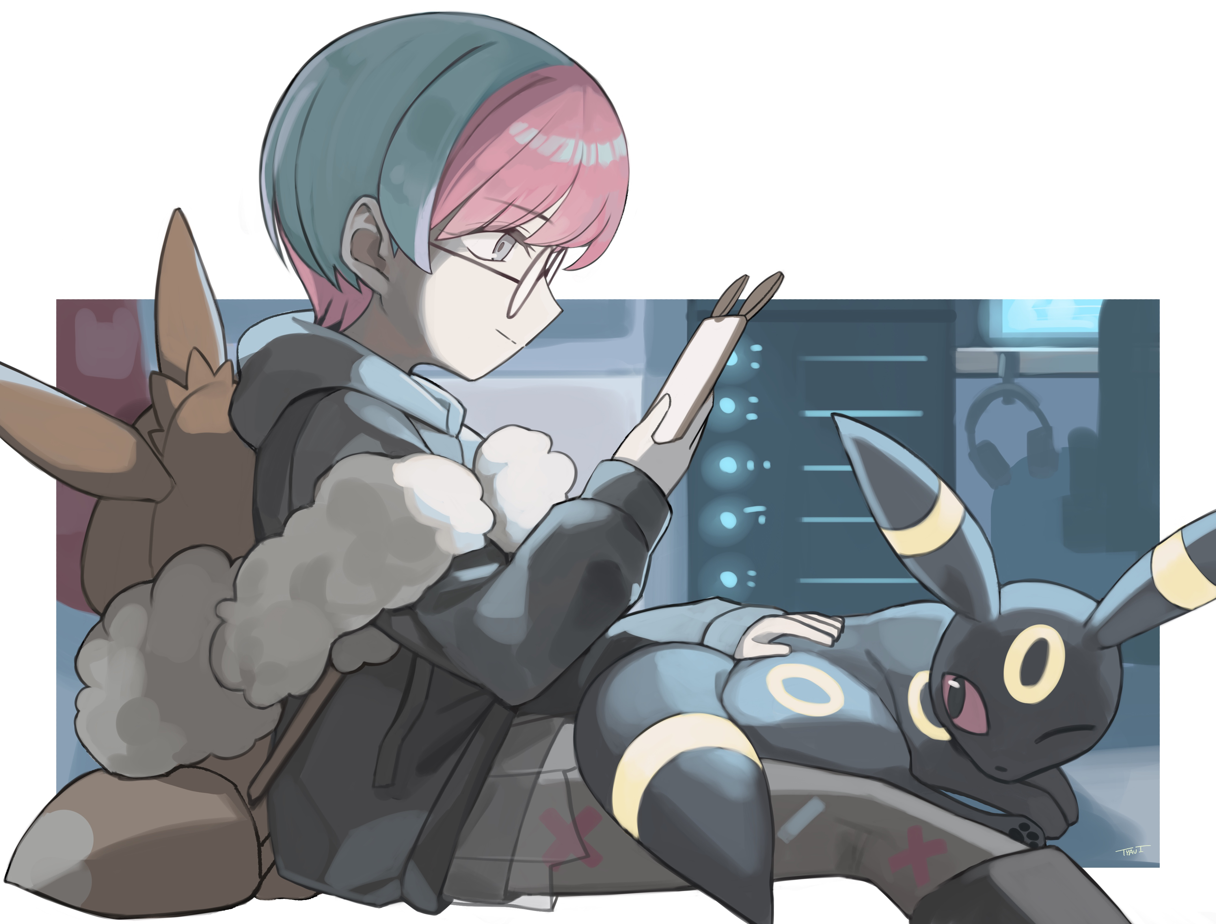 tyaui (xjju4435), penny (pokemon), umbreon, nintendo, pokemon, pokemon sv, absurdres, commentary request, highres, blue hair, cellphone, character backpack, closed mouth, eevee backpack, eyelashes, from side, gen 2 pokemon, glasses, grey eyes, grey hoodie, grey pantyhose, headphones, holding, holding phone, hood, hood down, hoodie, long sleeves, multicolored hair, one eye closed, pantyhose, petting, phone, pokemon (creature), print pantyhose, red hair, see-through clothes, see-through skirt, short hair, sitting, skirt, smartphone, smile, two-tone hair, unworn headphones, very short hair