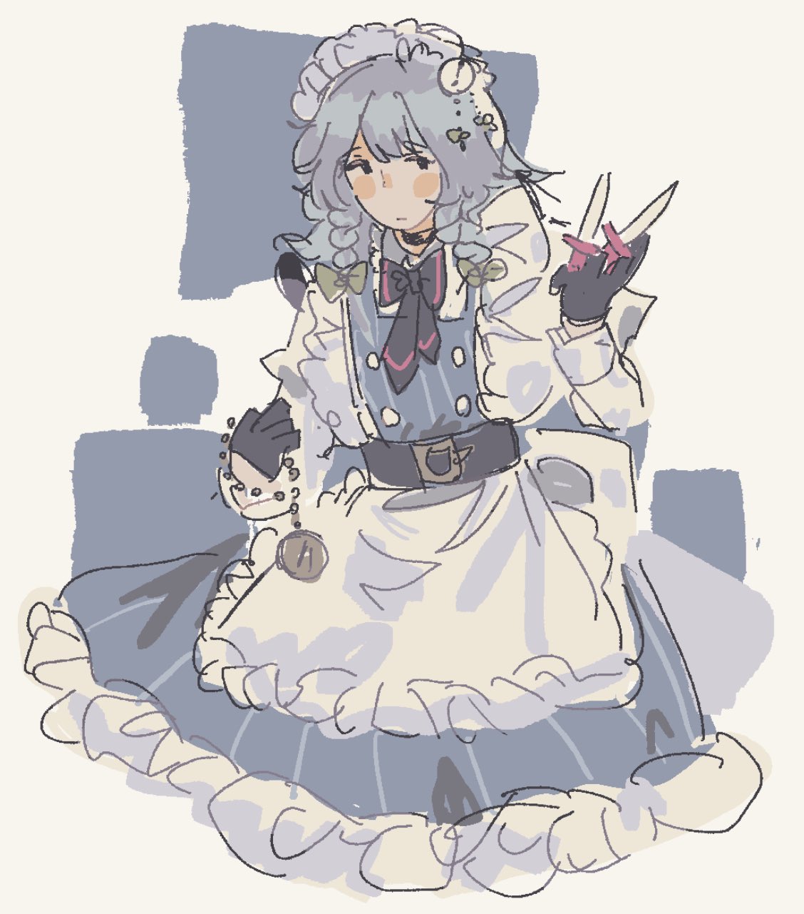 mari (marimariarttt), izayoi sakuya, touhou, highres, 1girl, adapted costume, apron, belt, black belt, braid, dress, frilled dress, frills, grey hair, hair ribbon, long sleeves, maid apron, maid headdress, neck ribbon, pocket watch, ribbon, solo, twin braids, two-tone background, waist apron, watch