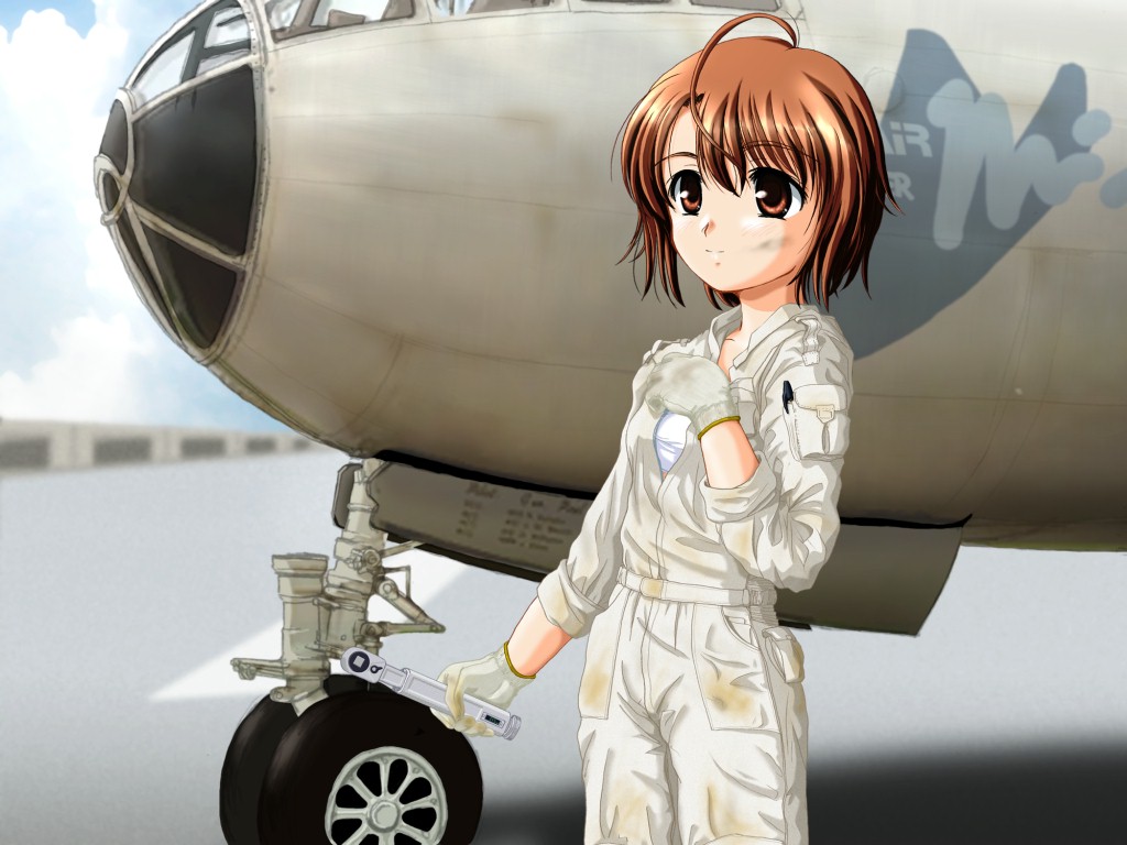shiukichi, b-29, chise natsumi, natsumi chise, rocket no natsu, 1girl, ahoge, aircraft, airplane, b-29 superfortress, bomber, coveralls, dirty, female focus, gloves, jumpsuit, military, military vehicle, short hair, sleeves rolled up, solo, wrench